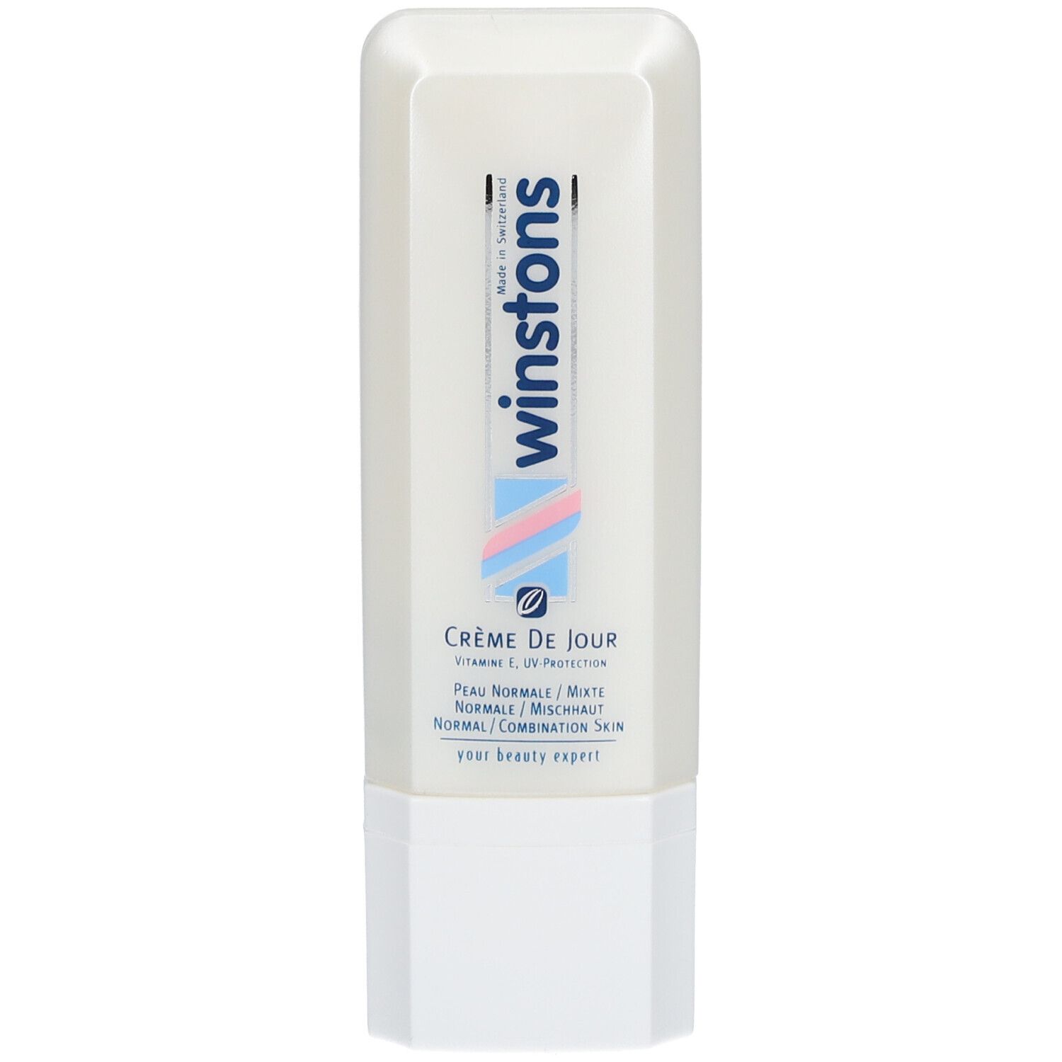Creme-Tube mit weißem Deckel. Aufschrift: winstons, Crème de Jour, Peau normales/mixtes. Enthält Vitamin E und UV-Schutz.