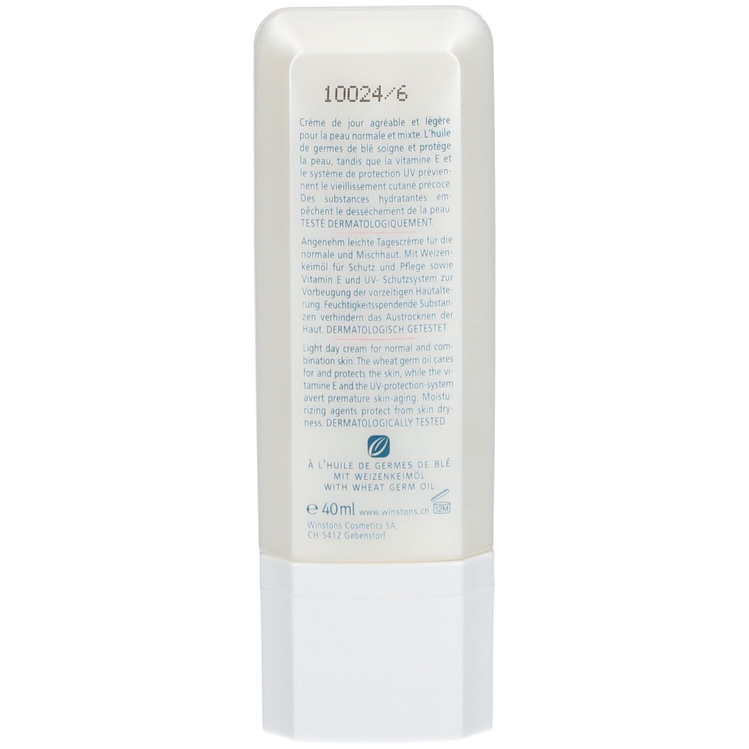 Rückseite der Creme-Tube. Text: Crème de Jour, für normale bis Mischhaut. Enthält Weizenkeimöl. Dermatologisch getestet. 40ml.