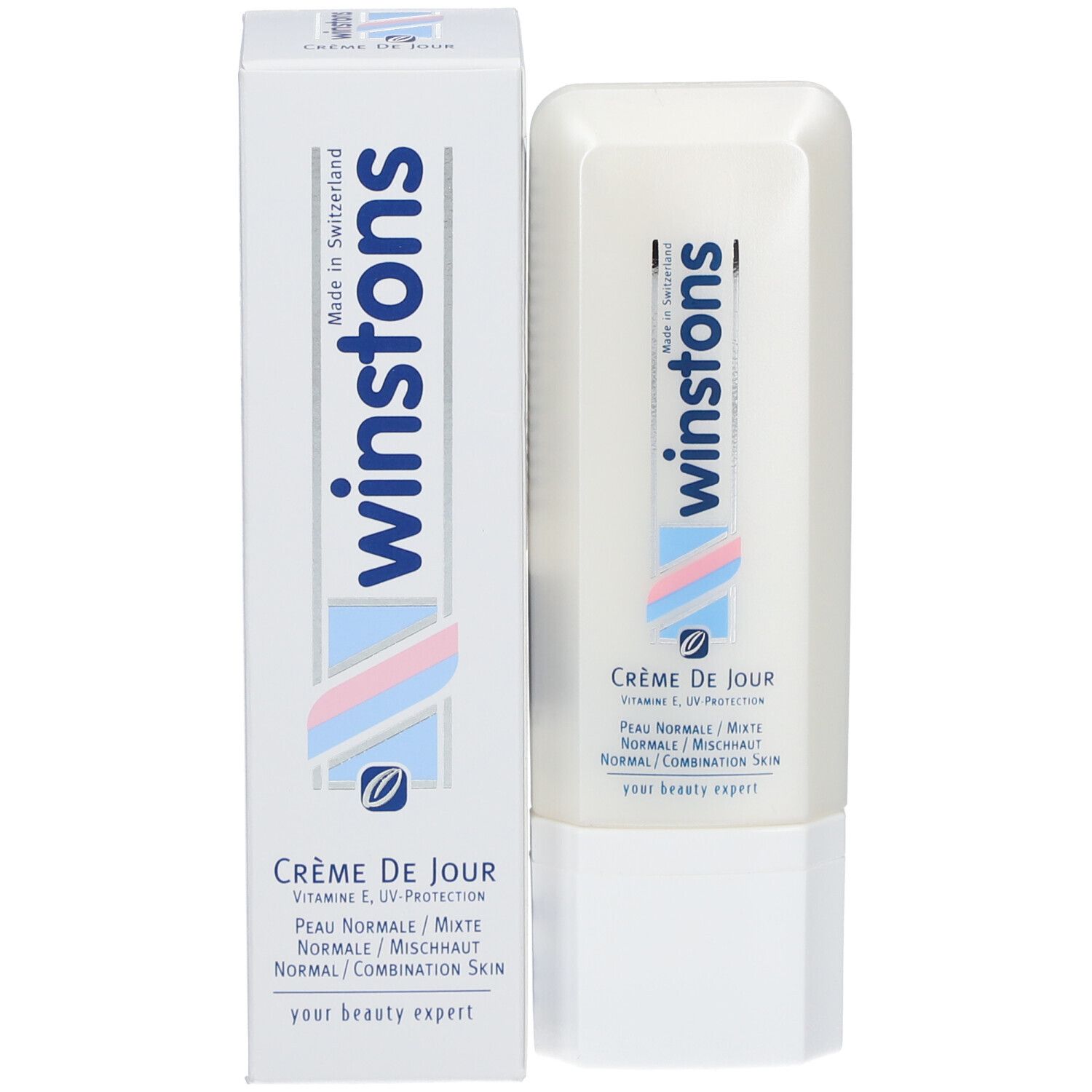 Produktverpackung mit Creme-Tube. Aufschrift: winstons, Crème de Jour, Peau normales/mixtes. Enthält Vitamin E und UV-Schutz.