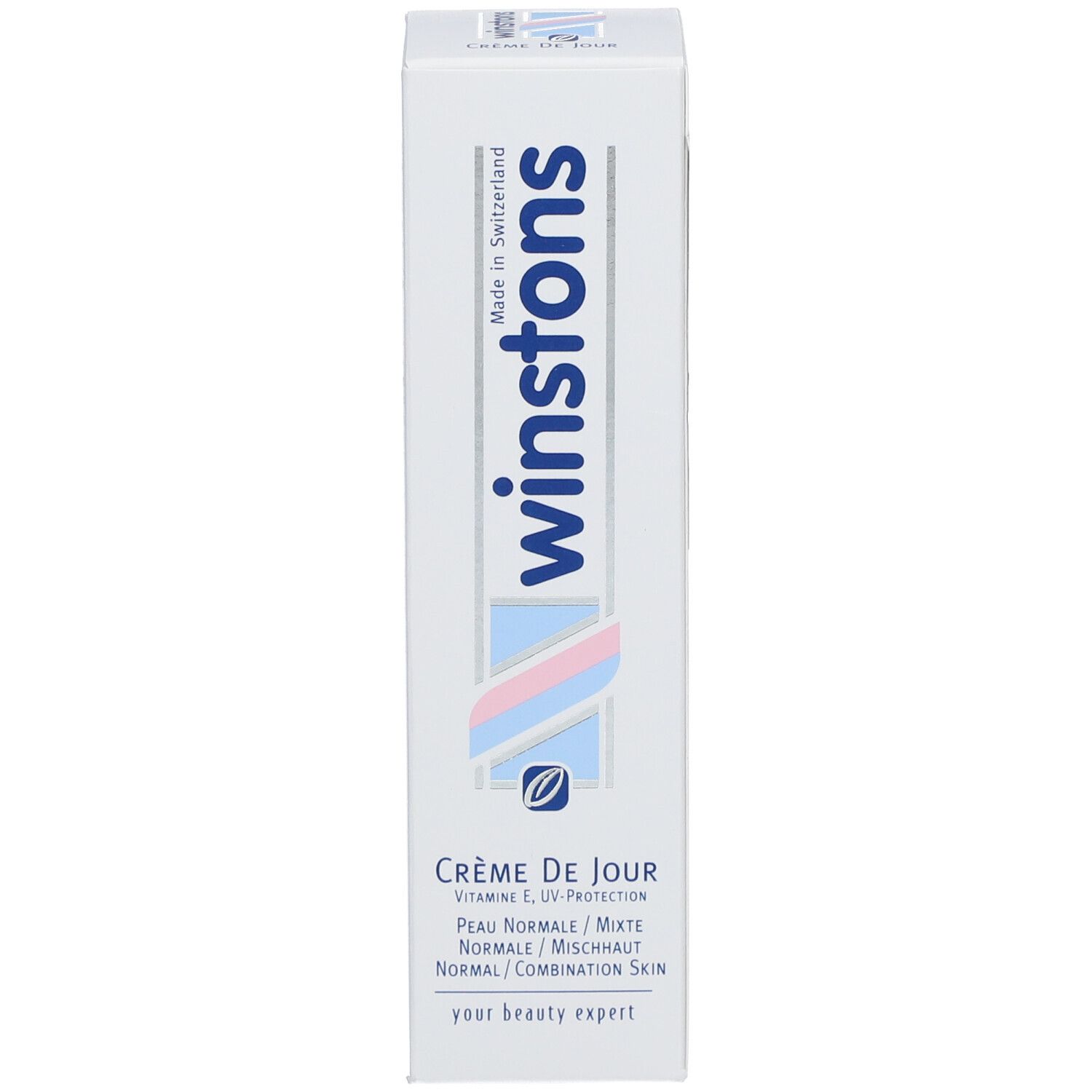 Produktverpackung. Aufschrift: winstons, Crème de Jour, Peau normales/mixtes. Enthält Vitamin E und UV-Schutz. Hergestellt in der Schweiz.