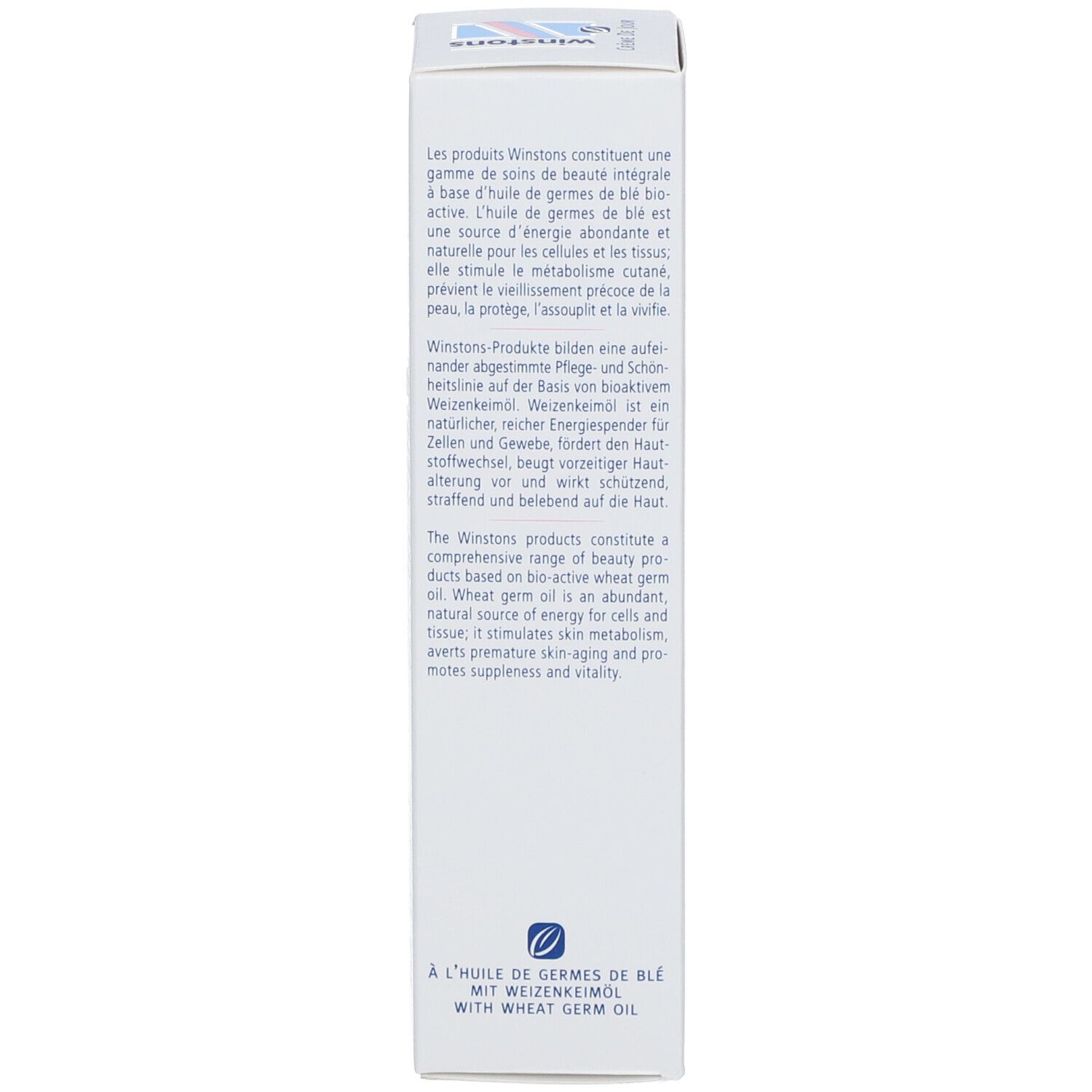 Produktverpackung. Text: Winstons-Produkte basieren auf bioaktivem Weizenkeimöl. Schützt vor Hautalterung. Enthält Weizenkeimöl.