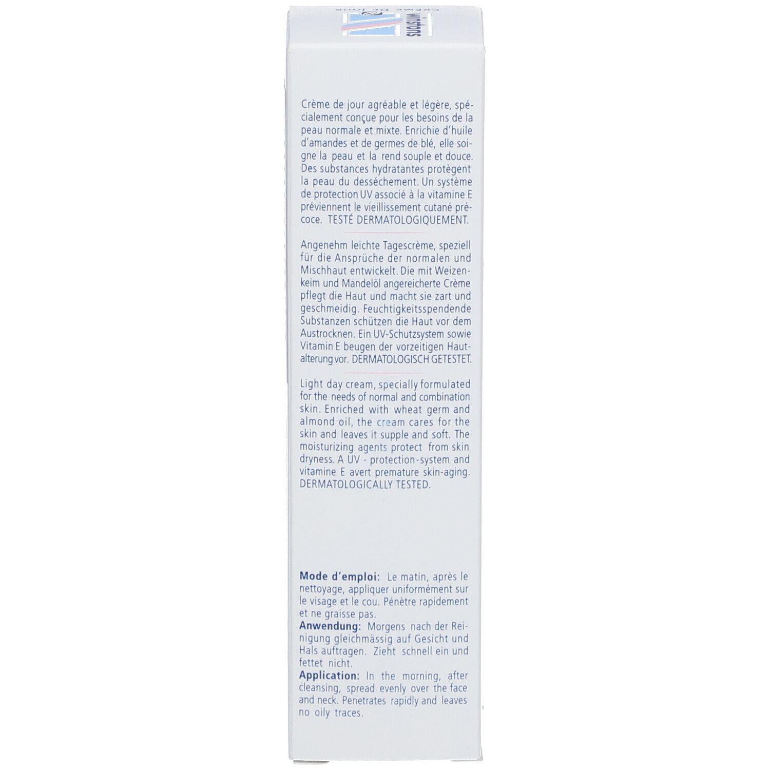 Produktverpackung. Text: Leichte Tagescreme für normale und Mischhaut. Enthält Weizenkeimöl und Mandelöl. Dermatologisch getestet.