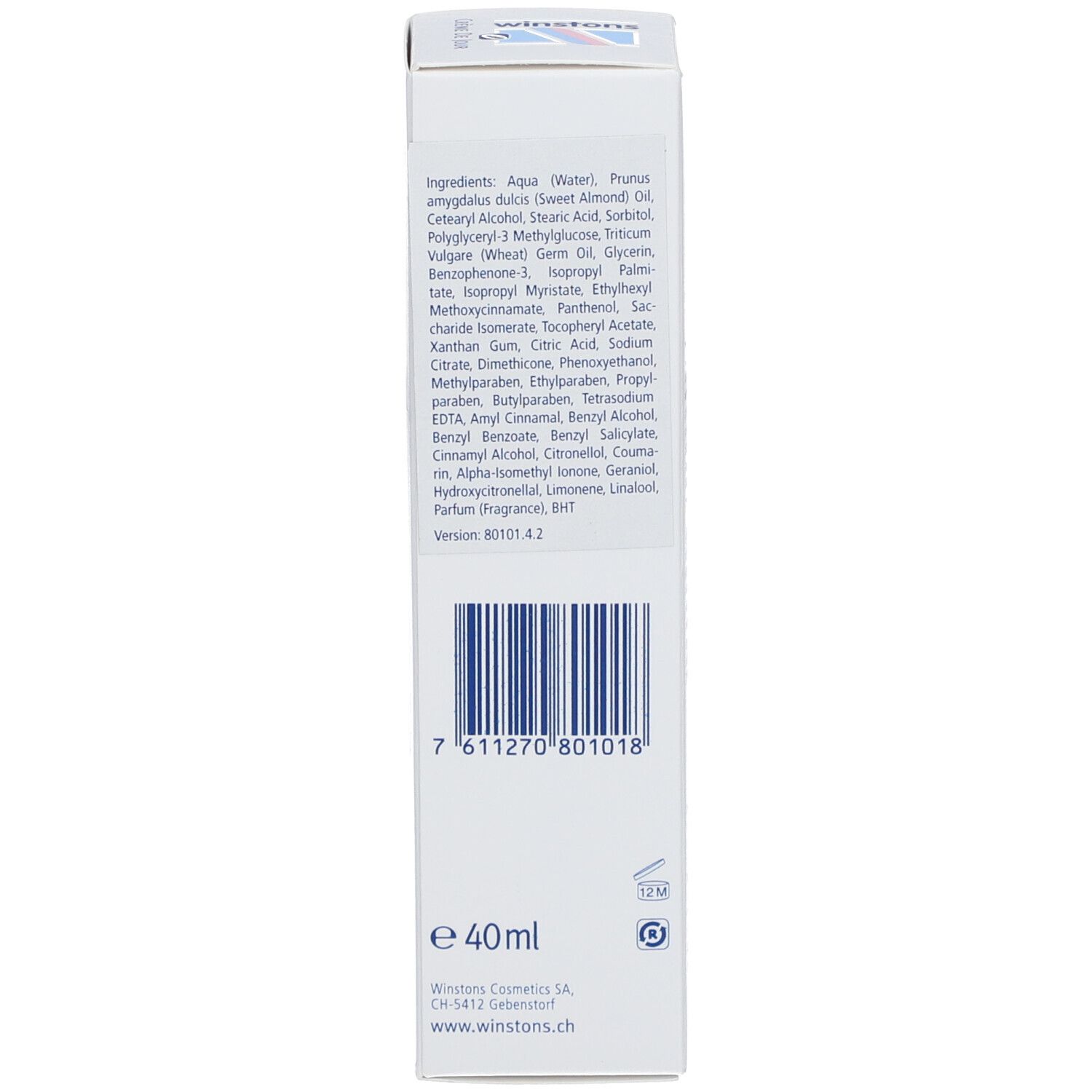 Produktverpackung. Text: Inhaltsstoffe, 40ml, Chargennummer, Herstelleradresse, Website. Mit Barcode.