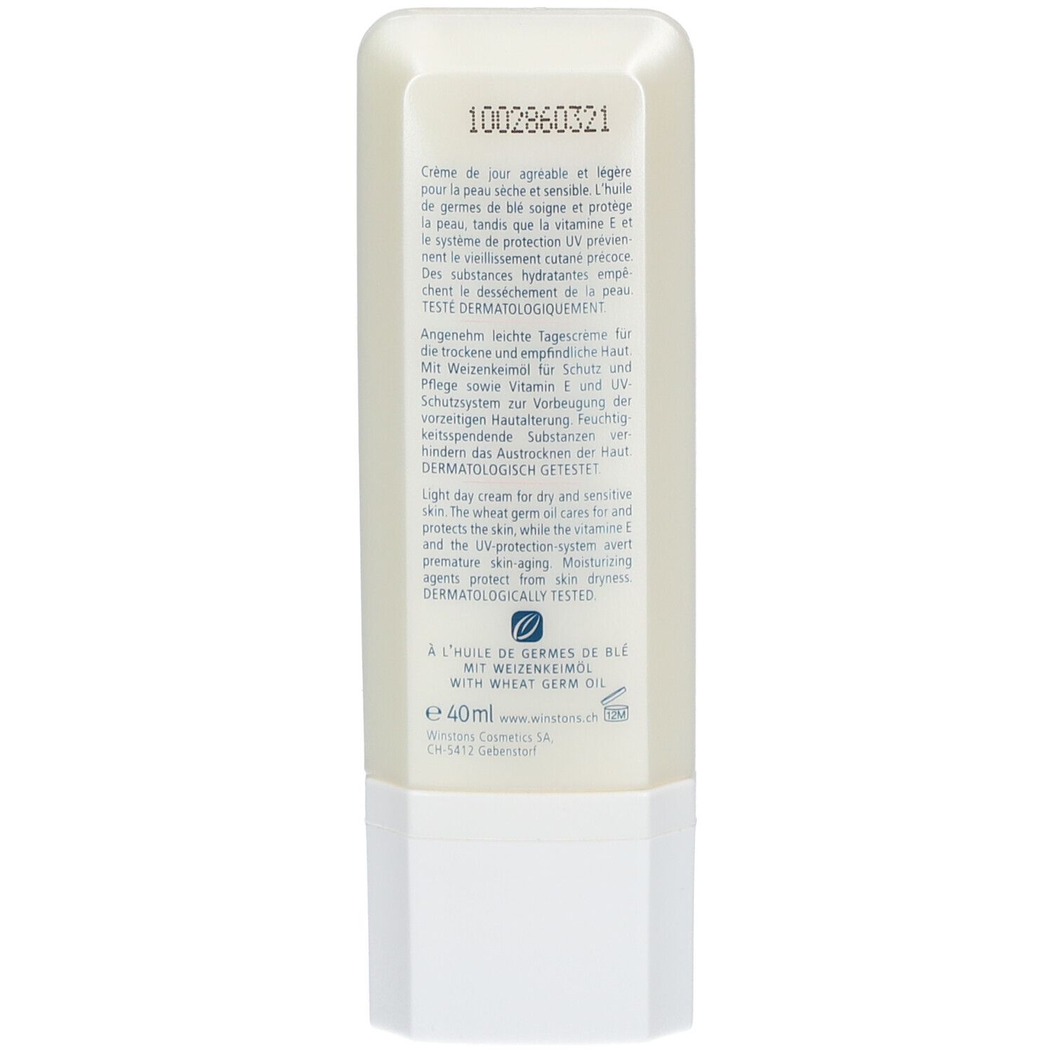 Rückseite der Creme-Tube. Text mit Produktinformationen, Inhaltsstoffen und Herstellerangaben. "Dermatologisch getestet".