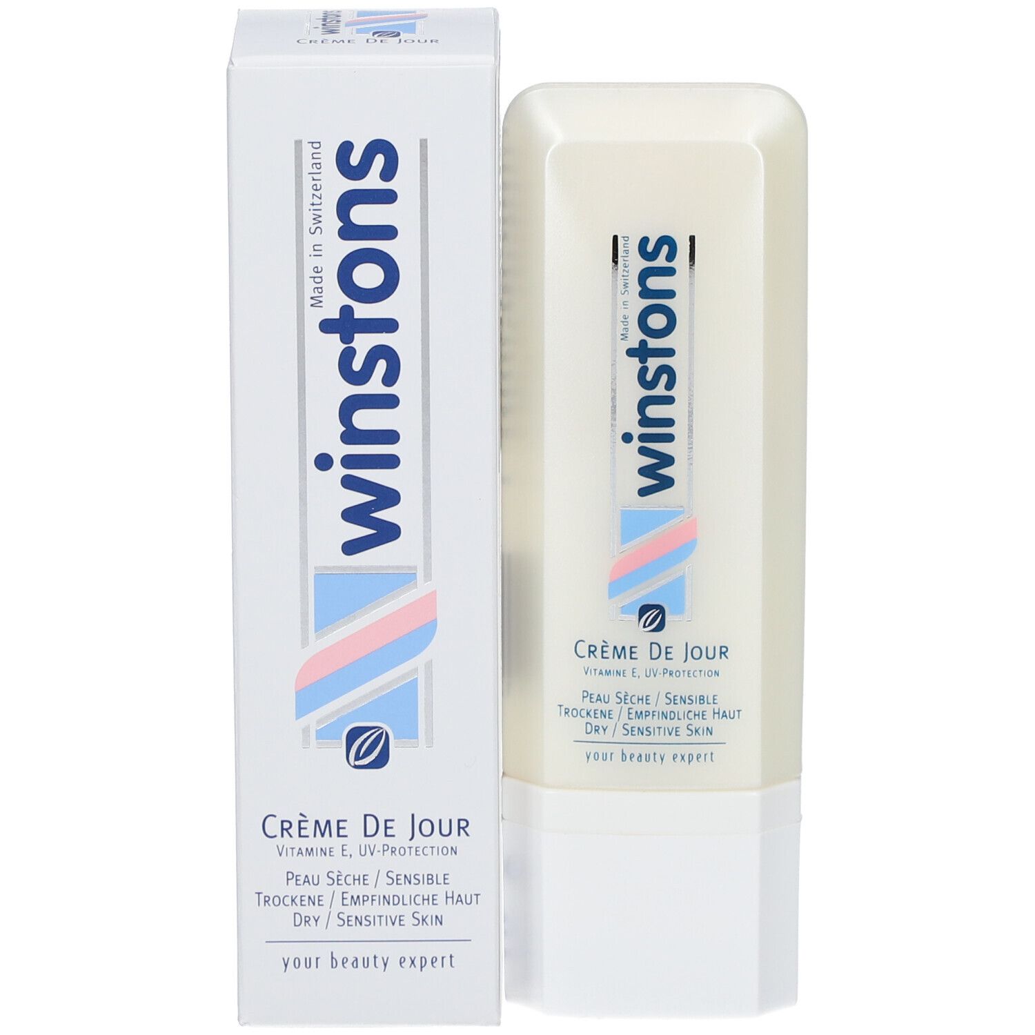 Produktverpackung mit Creme-Tube und Karton. Beide zeigen "winstons" und "Crème de Jour". Für trockene/empfindliche Haut.
