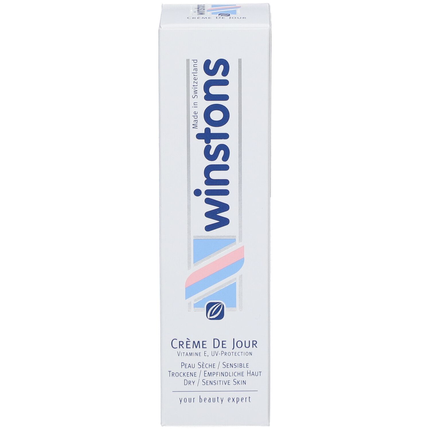 Kartonverpackung mit "winstons"-Logo und "Crème de Jour". Für trockene/empfindliche Haut. Weiß, rechteckig, mit Text.