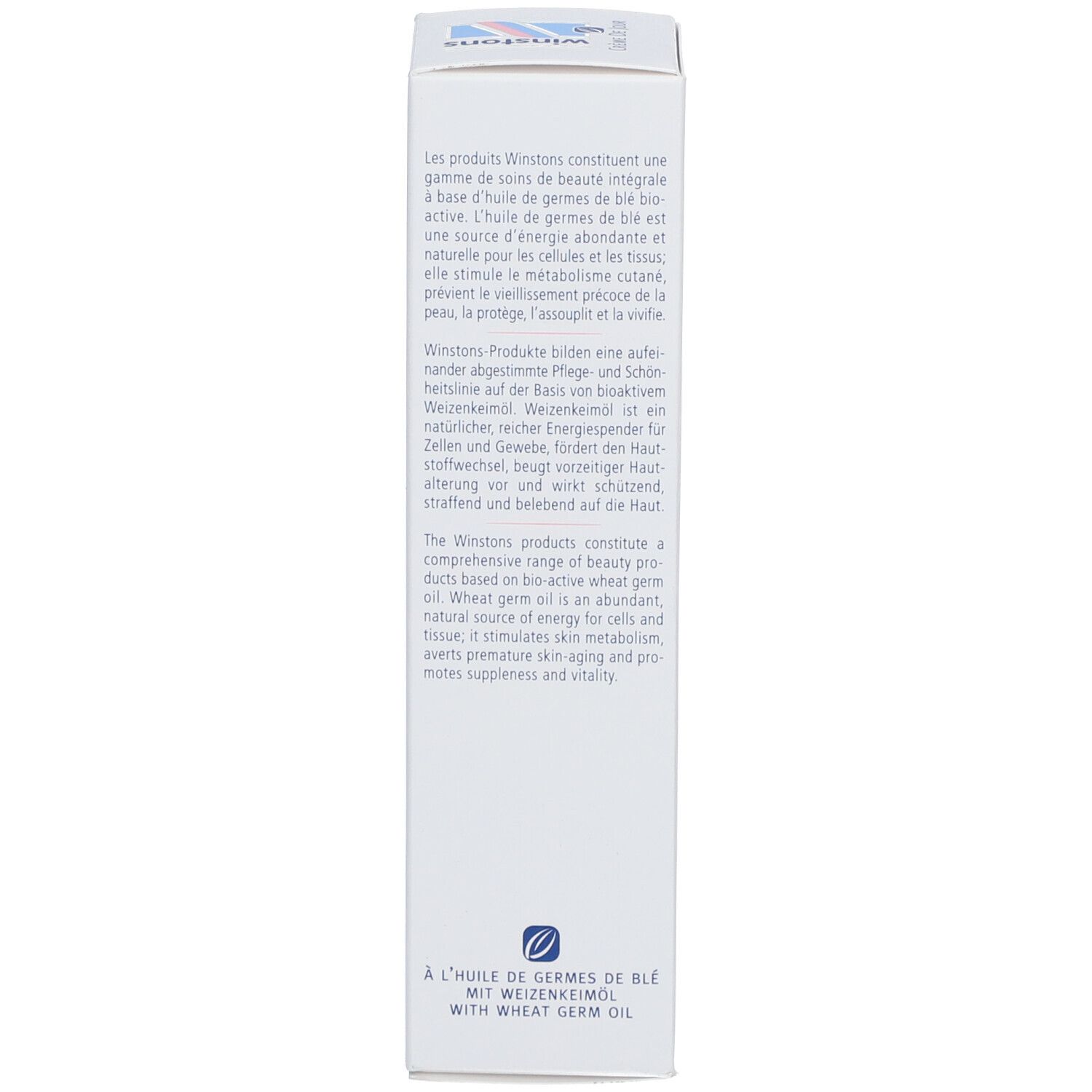 Rückseite der Kartonverpackung. Text beschreibt die Produkte von Winstons. Enthält Informationen über Weizenkeimöl.