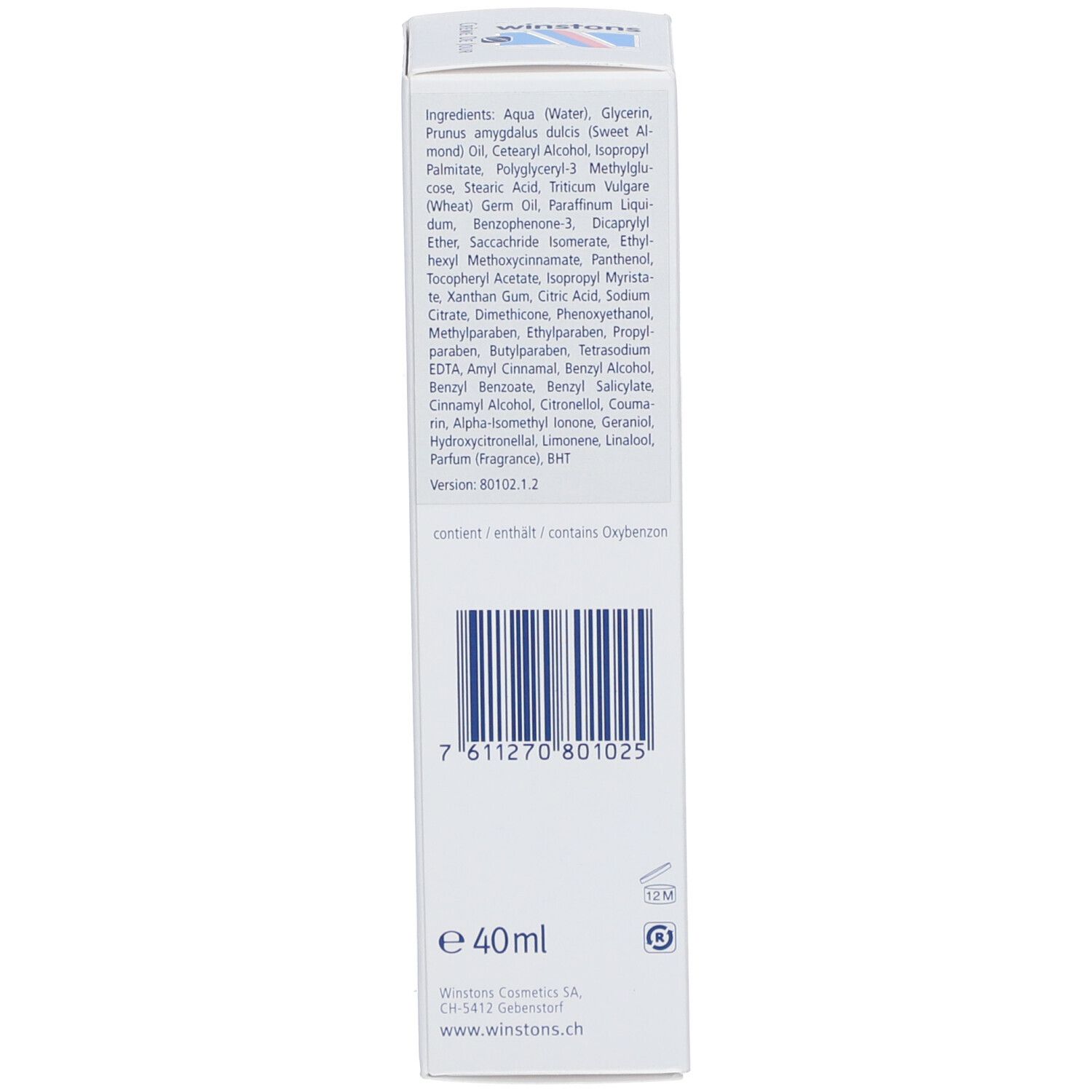 Seite der Kartonverpackung mit Inhaltsstoffen, Barcode und Herstellerinformationen. Enthält 40ml.
