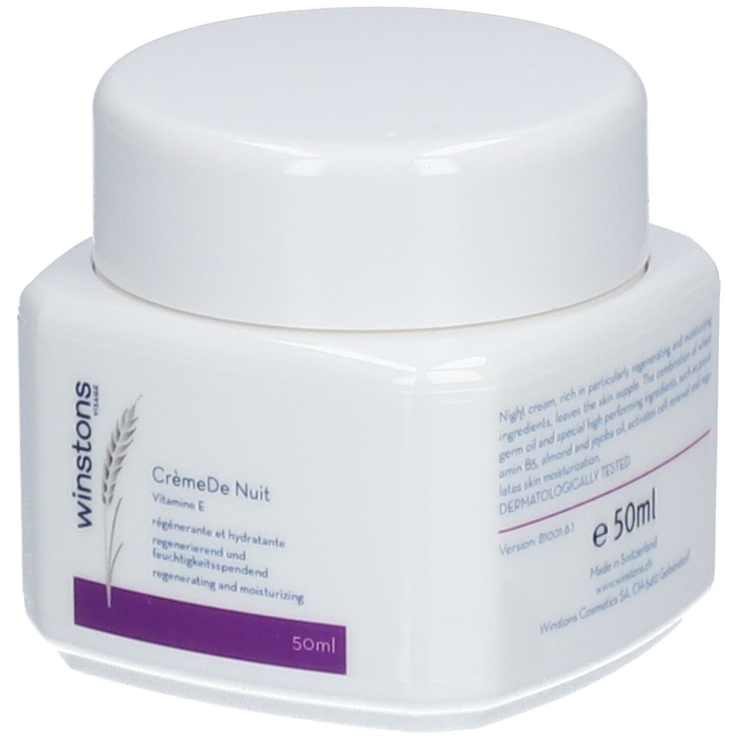 Pot de crème blanche avec couvercle. Inscription: Crème de Nuit, Vitamine E, régénérante et hydratante. 50ml.