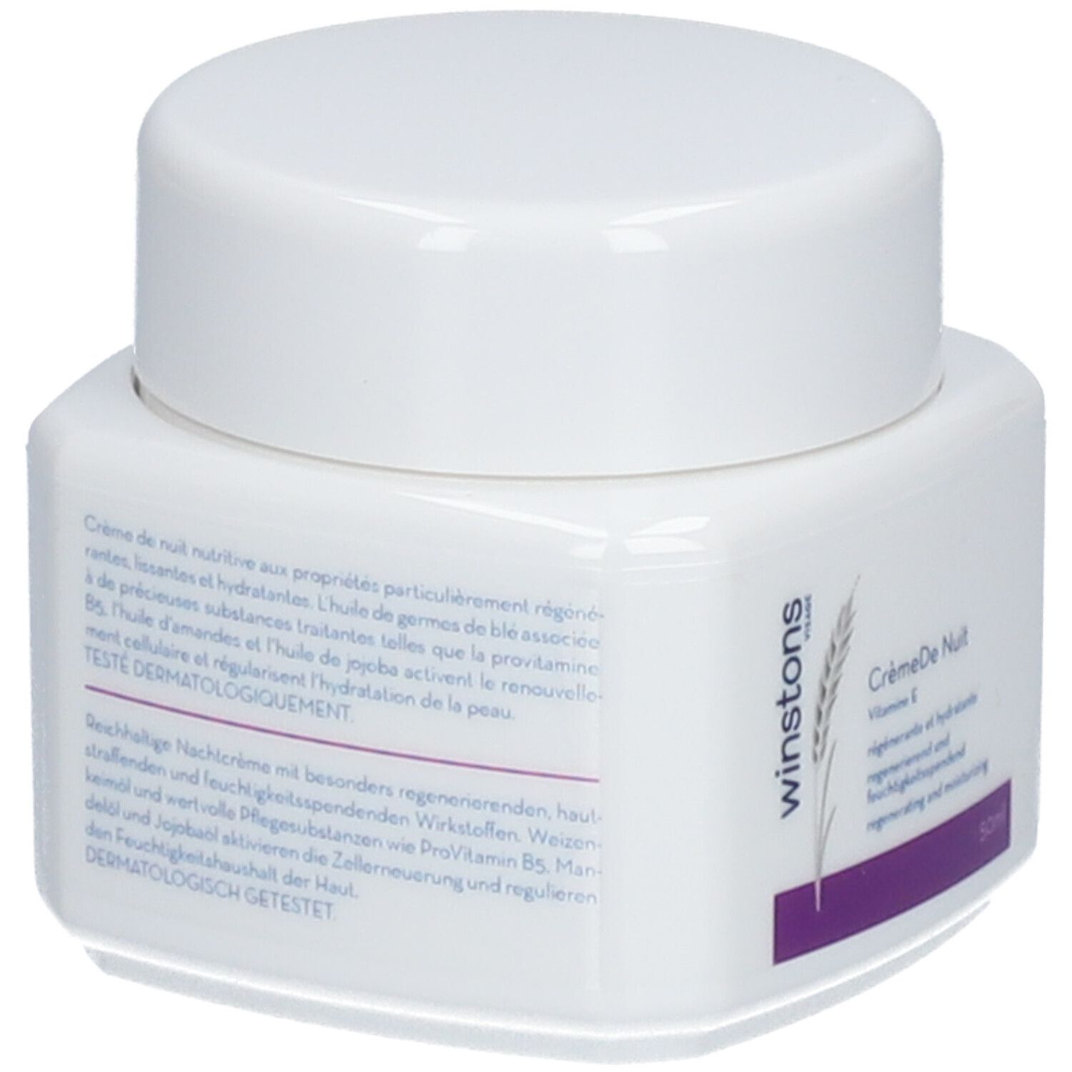 Pot de crème blanche avec couvercle. Texte au dos. Inscription: Crème de Nuit, Vitamine E, régénérante et hydratante.