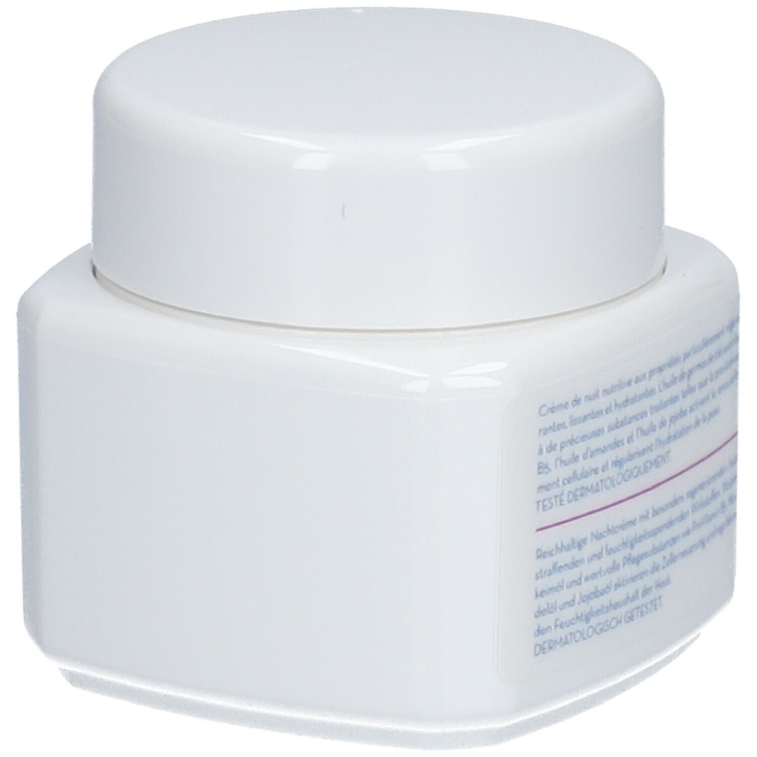 Pot de crème blanche avec couvercle. Vue arrière. Texte au dos. Inscription: Crème de Nuit, Vitamine E, régénérante et hydratante.