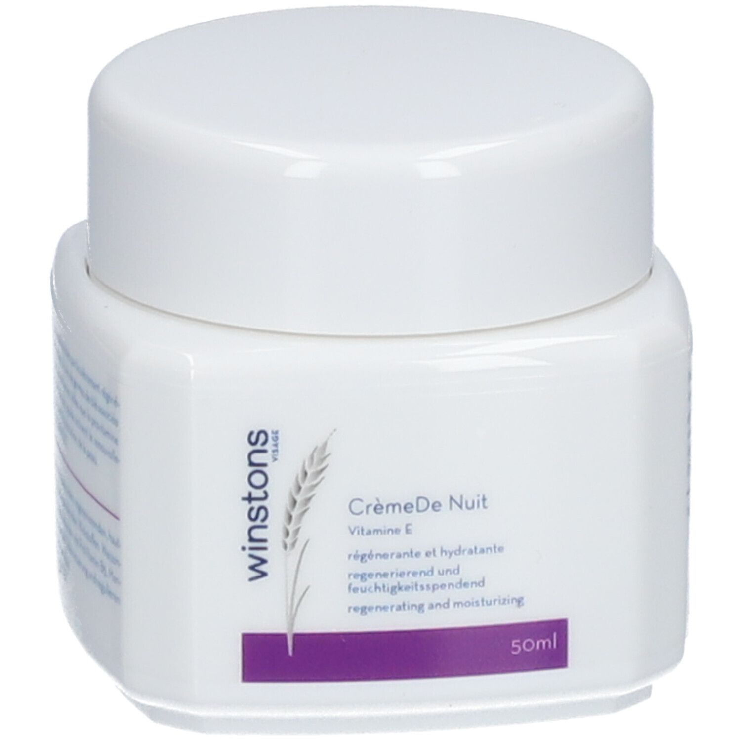 Pot de crème blanche avec couvercle. Inscription: Crème de Nuit, Vitamine E, régénérante et hydratante. 50ml.