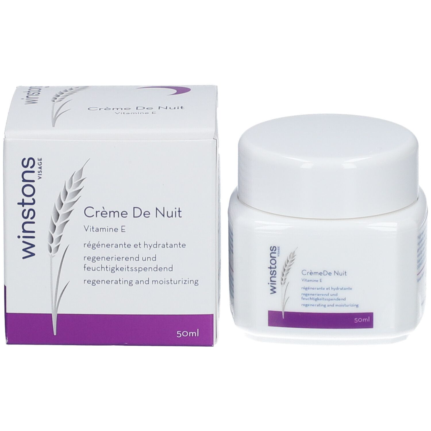 Pot de crème et boîte. Inscription: Crème de Nuit, Vitamine E, régénérante et hydratante. 50ml.