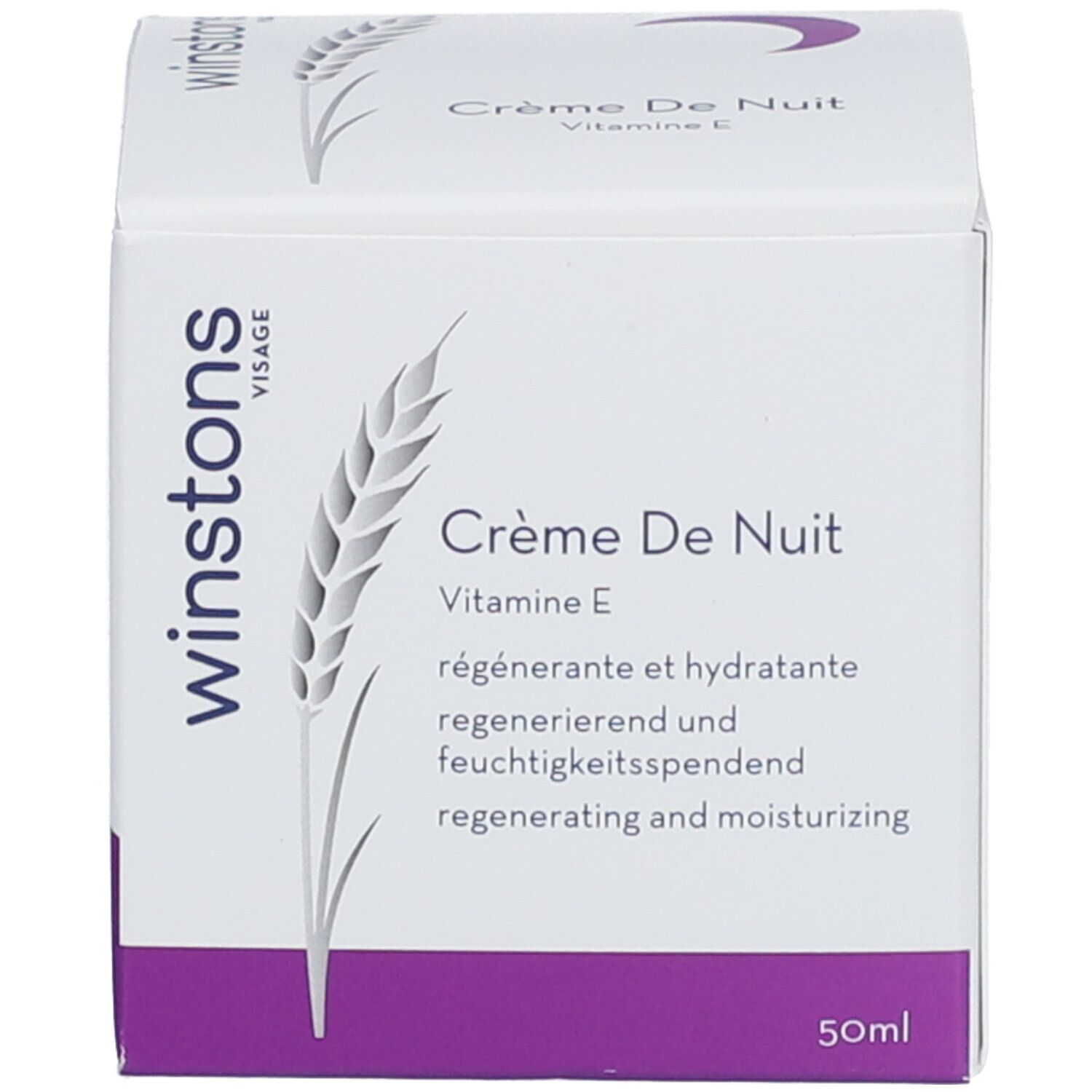 Boîte blanche. Inscription: Crème de Nuit, Vitamine E, régénérante et hydratante. 50ml.