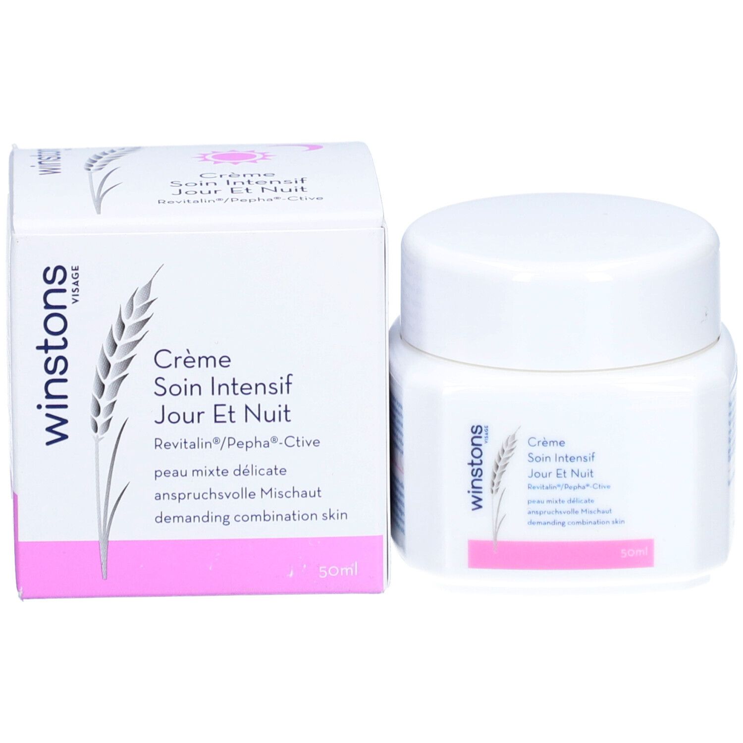 Weißer Tiegel und Karton. Aufkleber und Verpackung mit Produktnamen, Inhaltsangaben und Logo. Rosa Streifen.