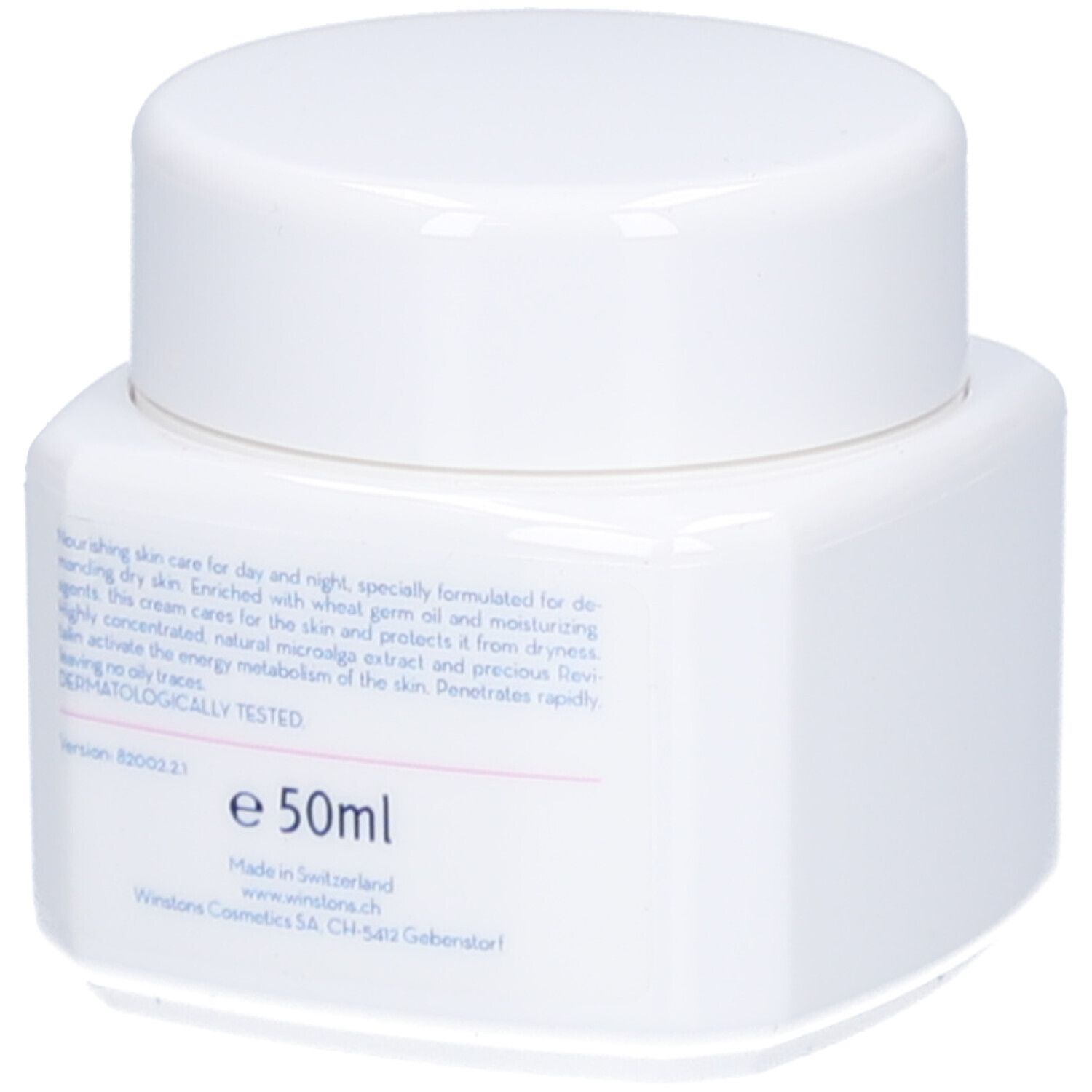 Weißer Tiegel mit Deckel. Aufschrift: winstons, e 50ml. Dermatologisch getestet. Hergestellt in der Schweiz.