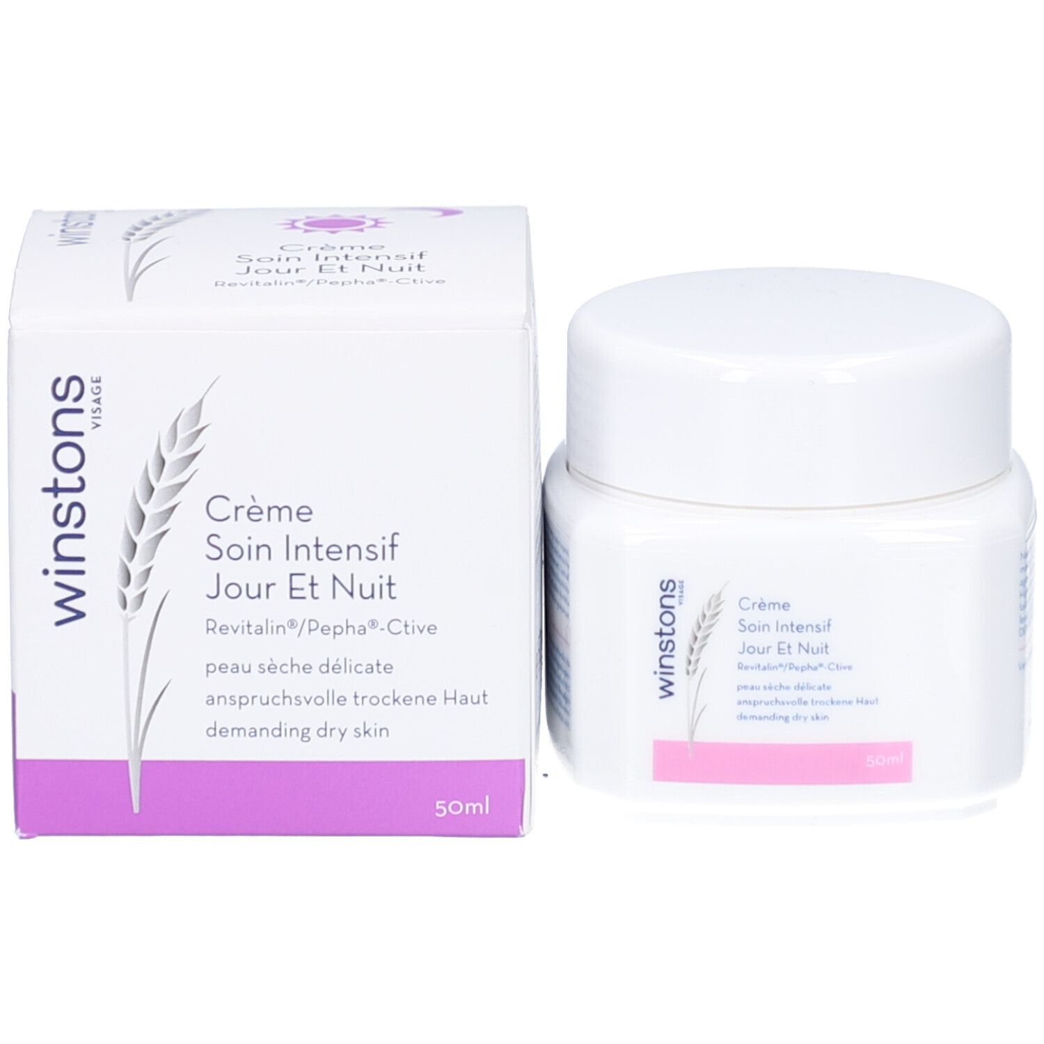 Produktpackung und Tiegel. Aufschrift: winstons, Crème Soin Intensif Jour et Nuit, 50ml. Für trockene Haut.