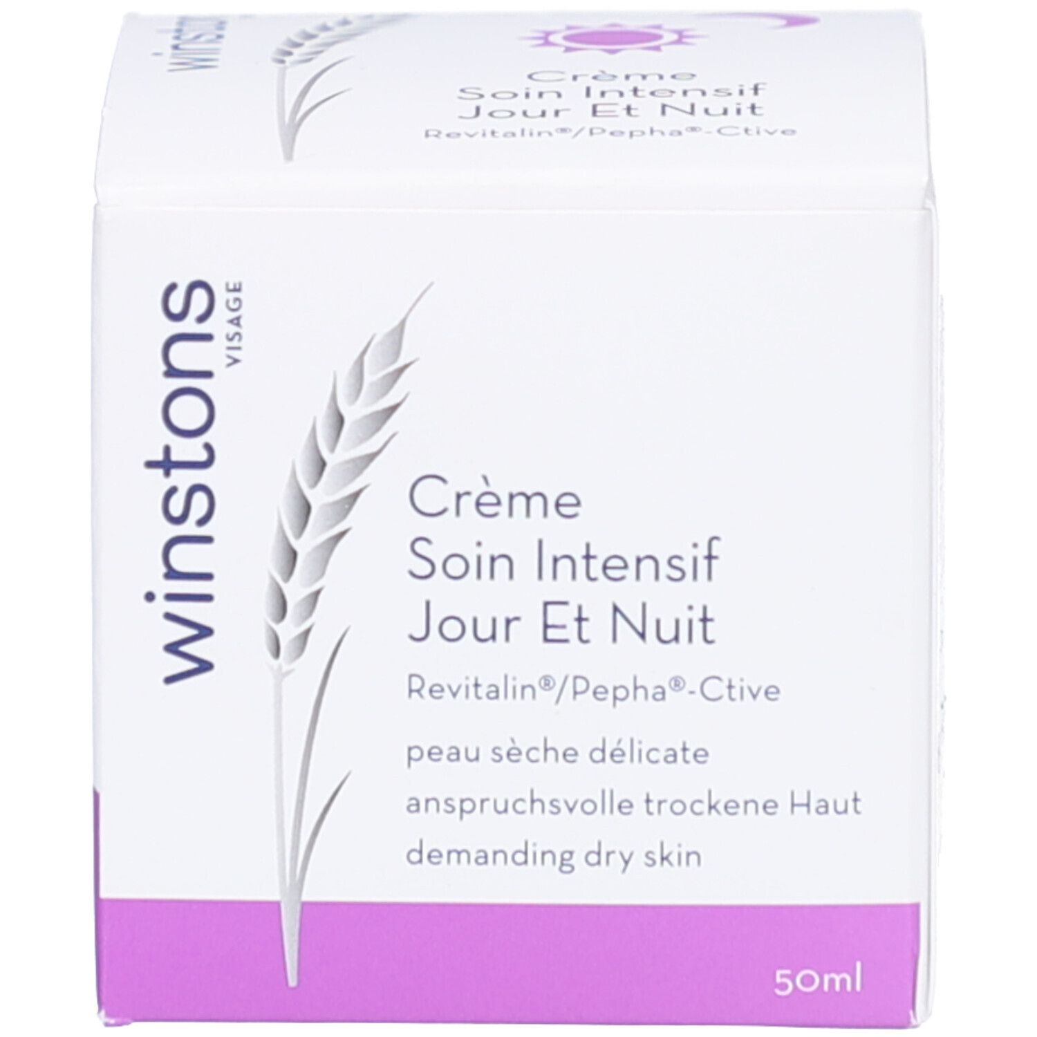 Produktverpackung. Aufschrift: winstons, Crème Soin Intensif Jour et Nuit, 50ml. Für trockene Haut.