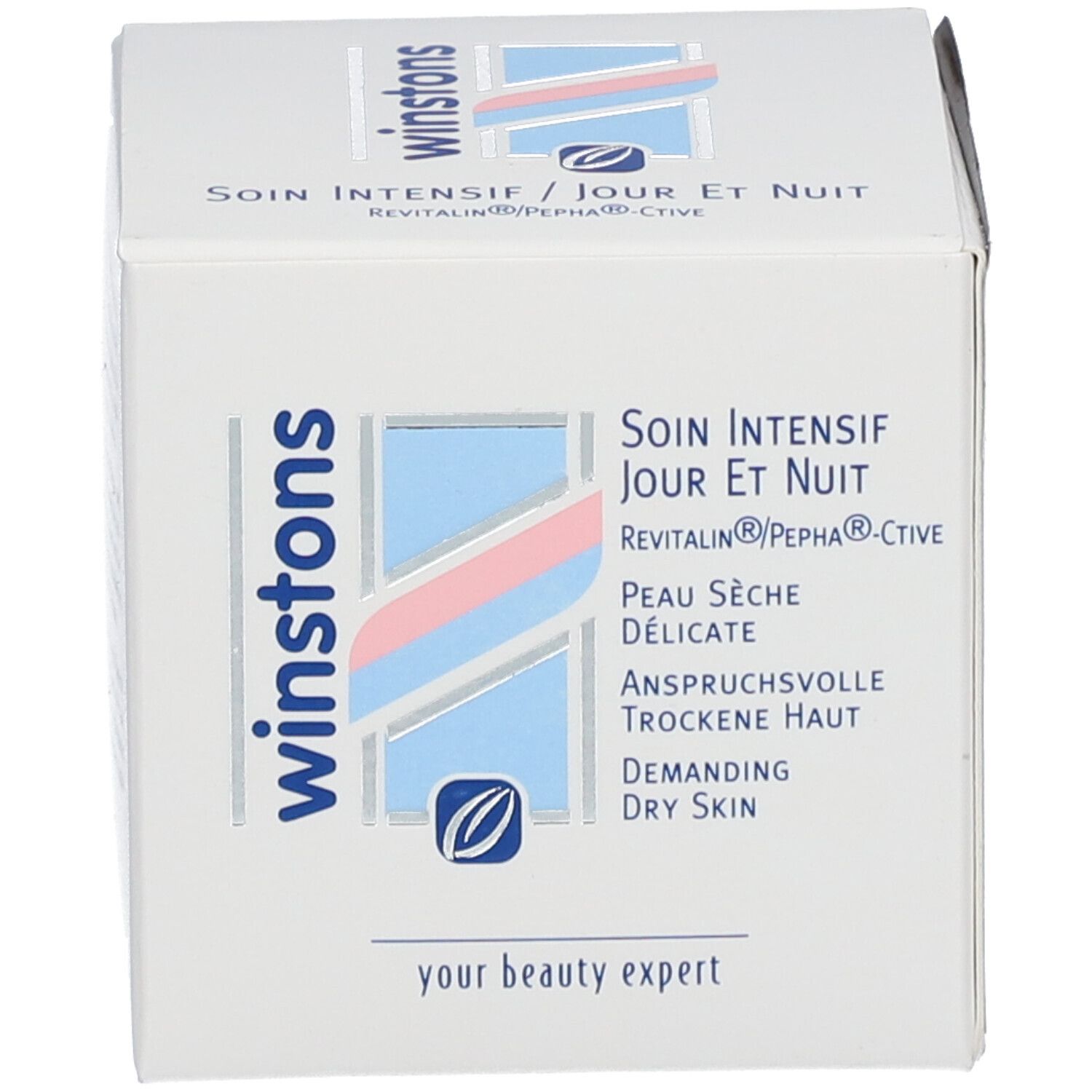 Produktverpackung. Aufschrift: winstons, Soin Intensif Jour et Nuit. Für trockene Haut. Ihr Schönheitsexperte.