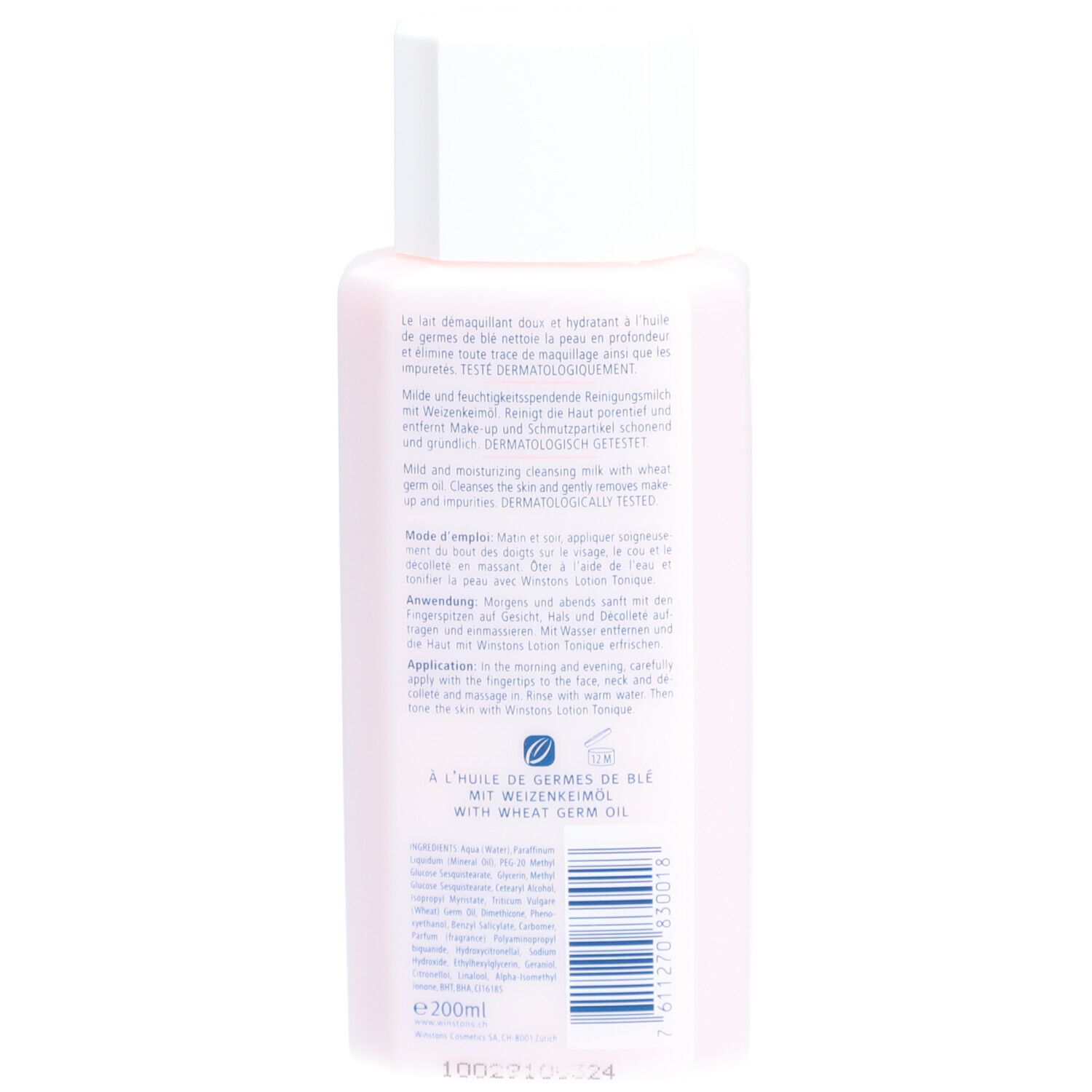 Rückseite der rosa Flasche. Text in Deutsch, Französisch und Englisch. Mit Weizenkeimöl. Barcode und Volumenangabe.