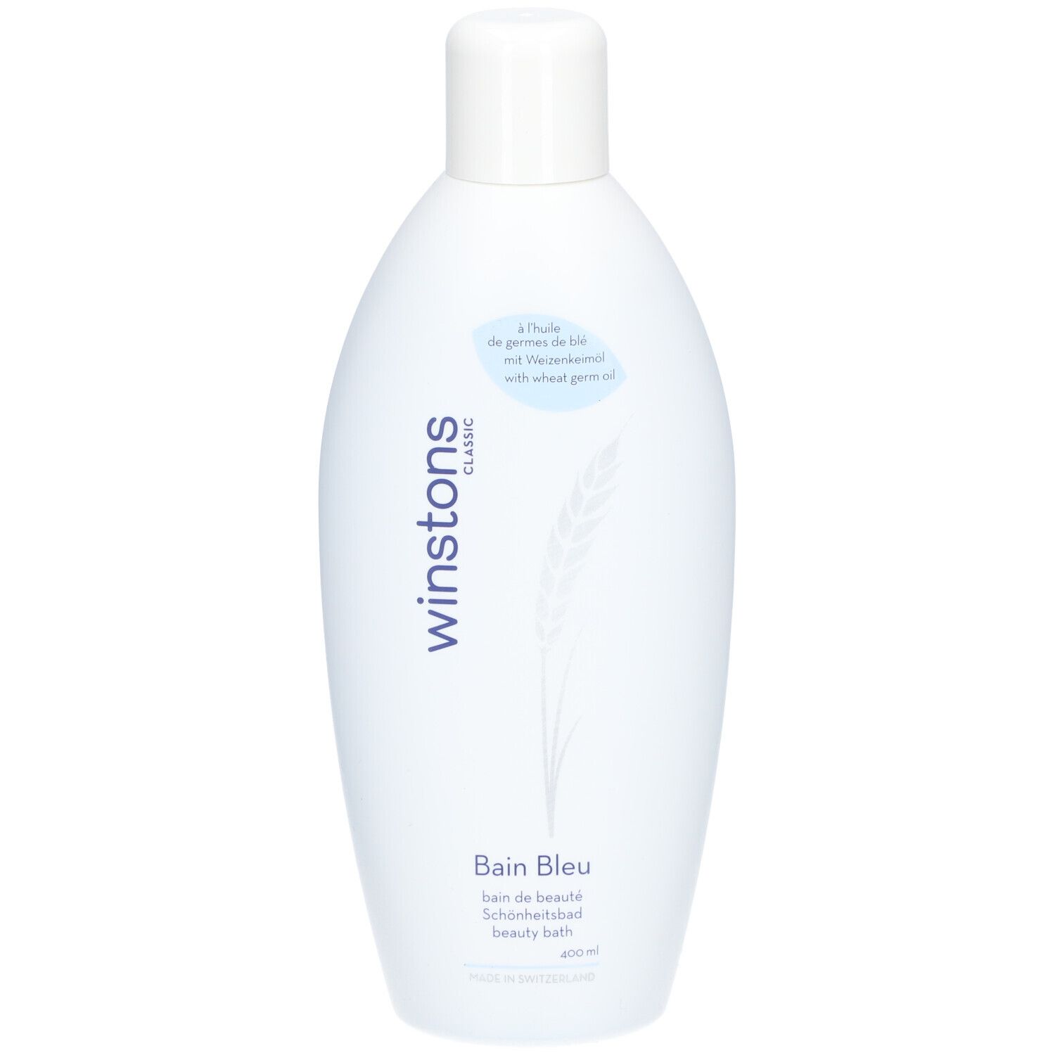 Hellblaue Flasche mit weißem Deckel. Aufschrift: winstons classic, Bain Bleu, 400 ml. Mit Weizenkeimöl.