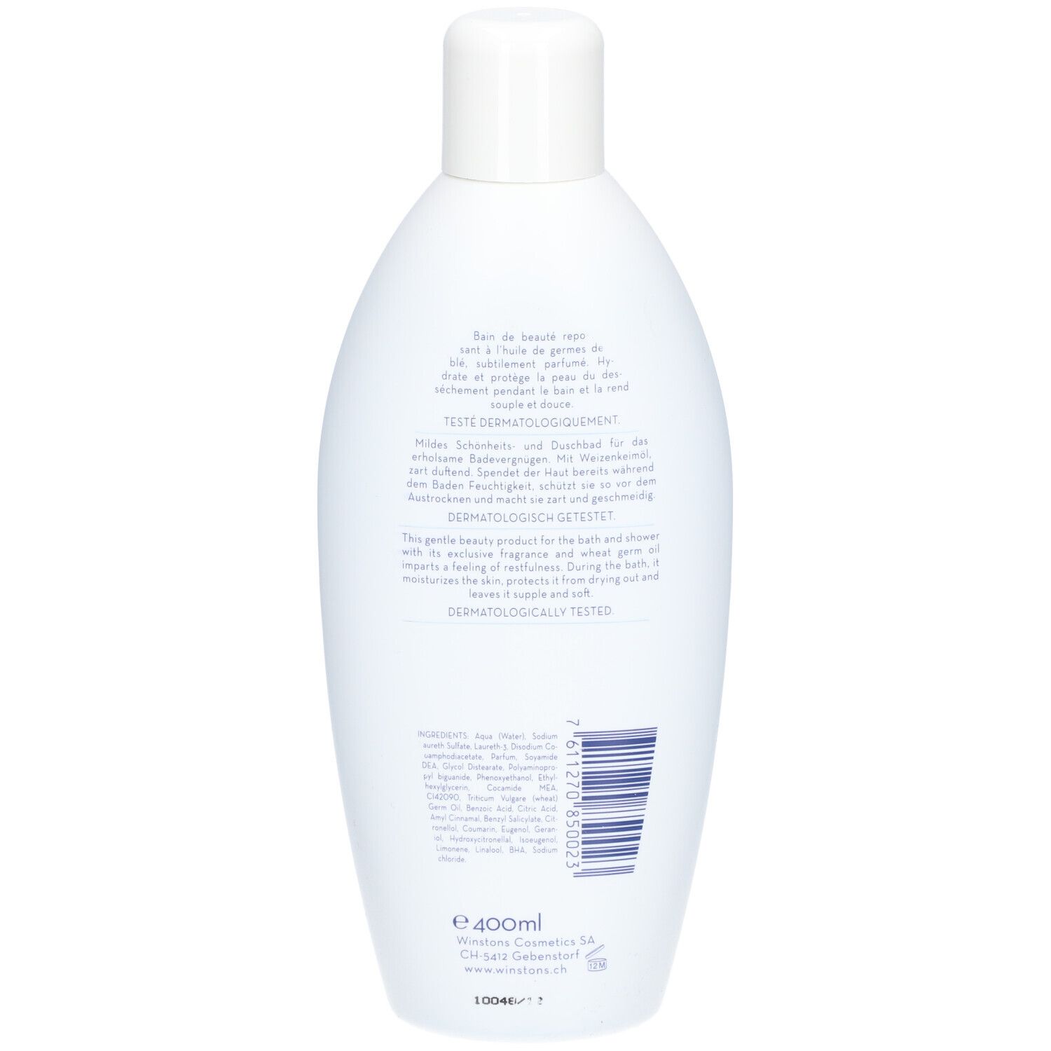 Rückseite einer hellblauen Flasche mit weißem Deckel. Text und Barcode. Dermatologisch getestet. 400ml.