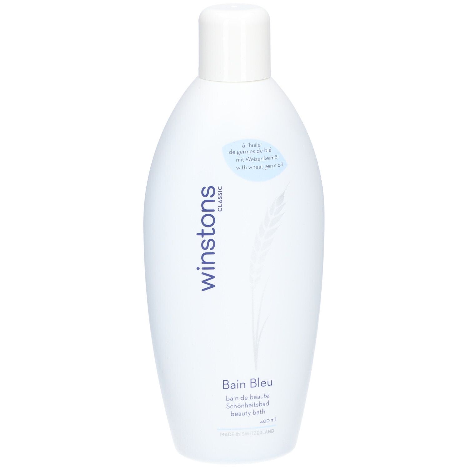 Hellblaue Flasche mit weißem Deckel. Aufschrift: winstons classic, Bain Bleu, 400 ml. Mit Weizenkeimöl.