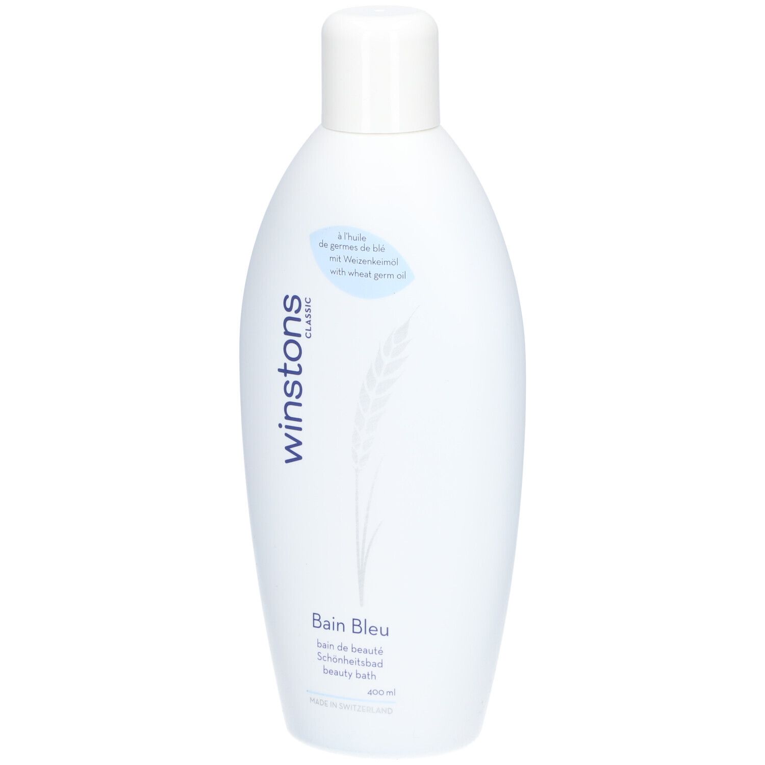 Hellblaue Flasche mit weißem Deckel. Aufschrift: winstons classic, Bain Bleu, 400 ml. Mit Weizenkeimöl.