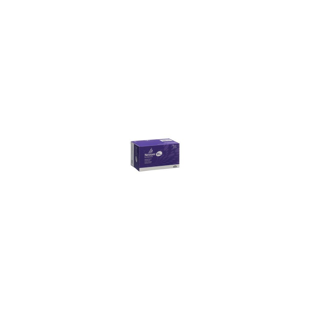 Kartonverpackung mit Produktinformationen. Lila und weiß. Aufschrift: NEXIUM Mups Tabl 20 mg.