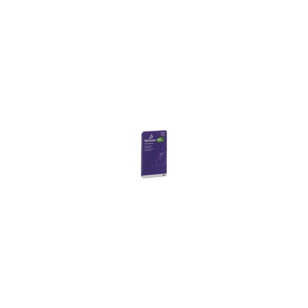 NEXIUM Mups Tabl 40 mg Packung. Violette Verpackung mit weißer Schrift und grünem Akzent. Enthält 14 Tabletten.