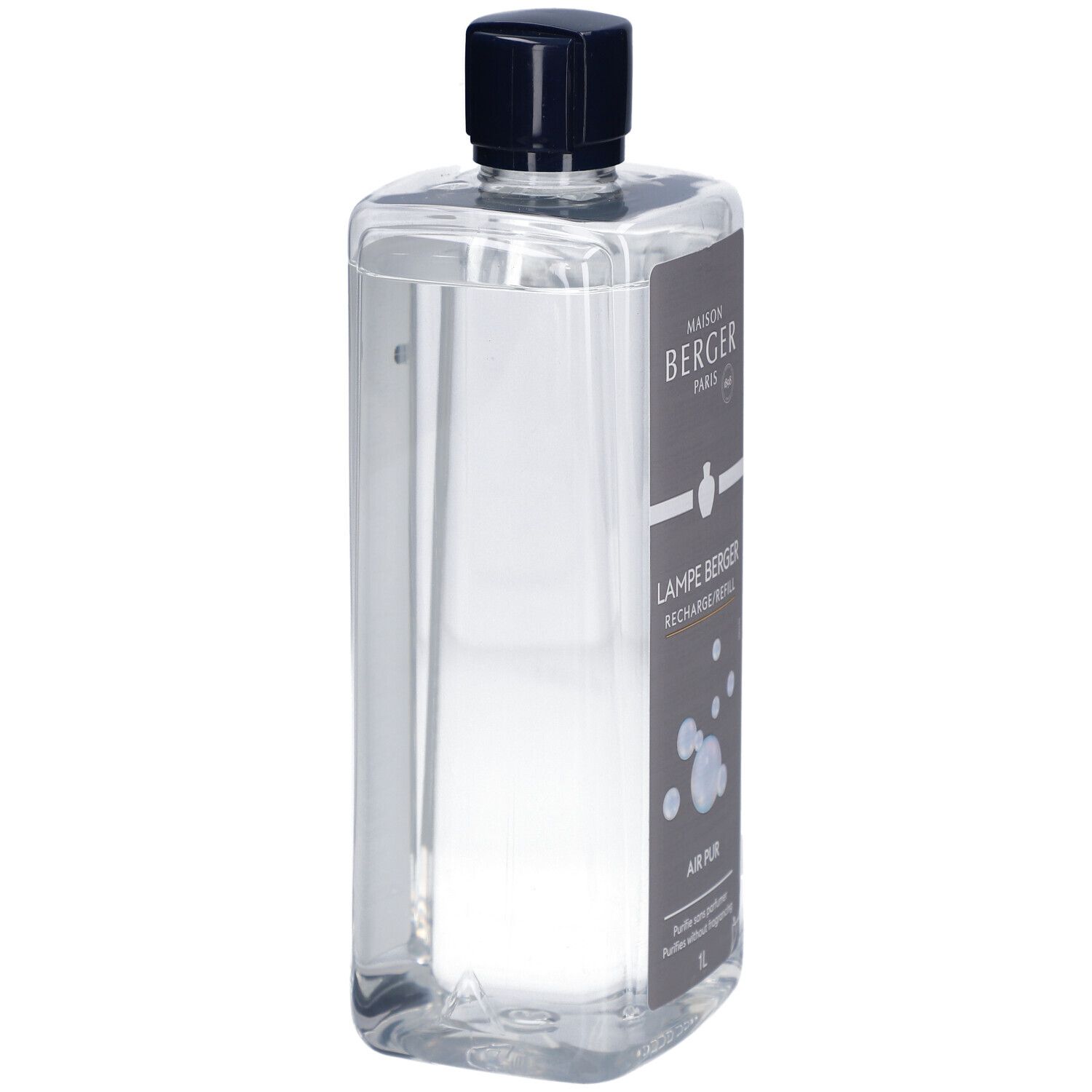 Rechteckige, transparente Flasche mit schwarzem Verschluss. Graues Etikett mit Text: Maison Berger Paris, Lampe Berger, Air Pur.