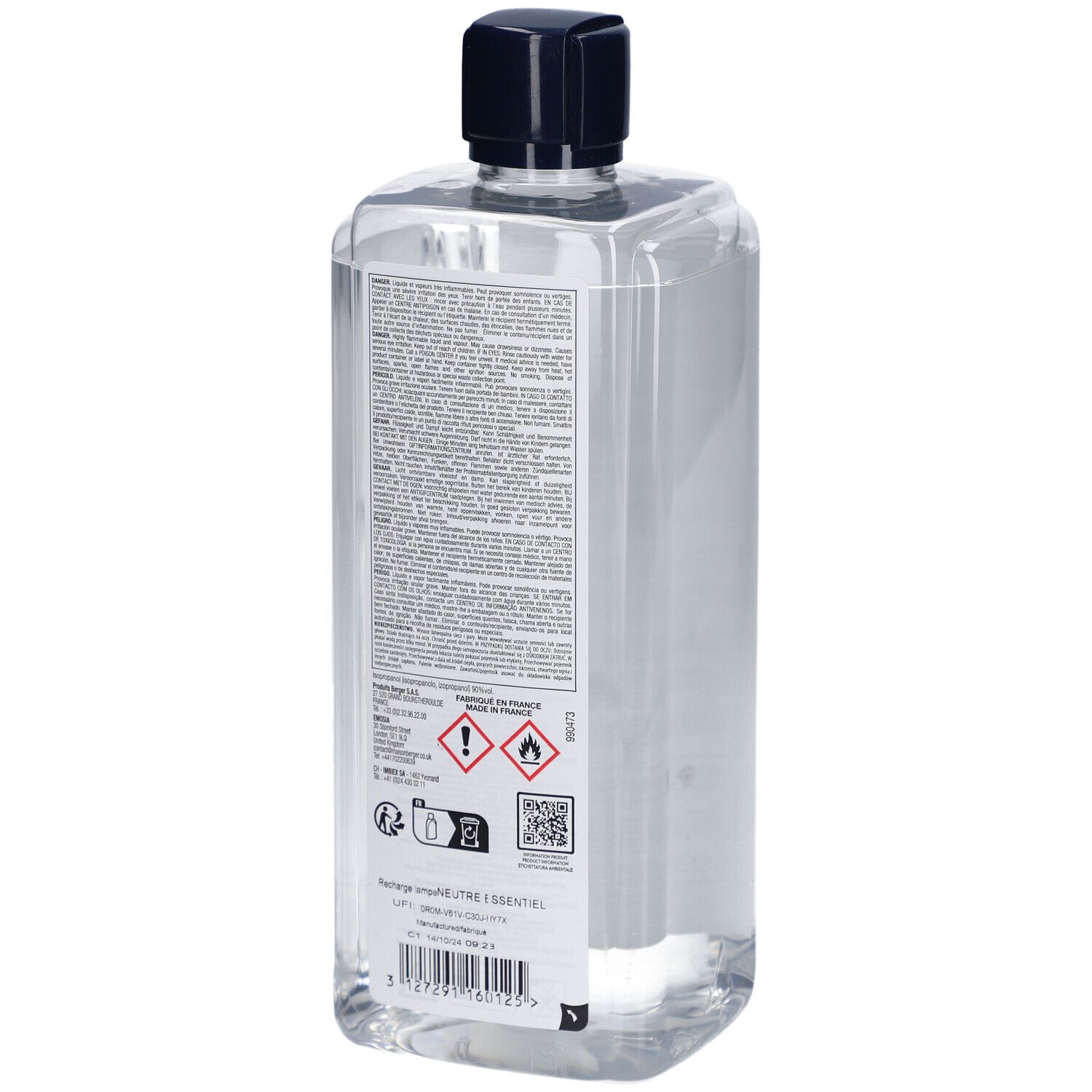 Rückseite einer transparenten Flasche mit schwarzem Verschluss. Text auf Etikett: Warnhinweise, Gefahrensymbole, QR-Code, und Produktinformationen.