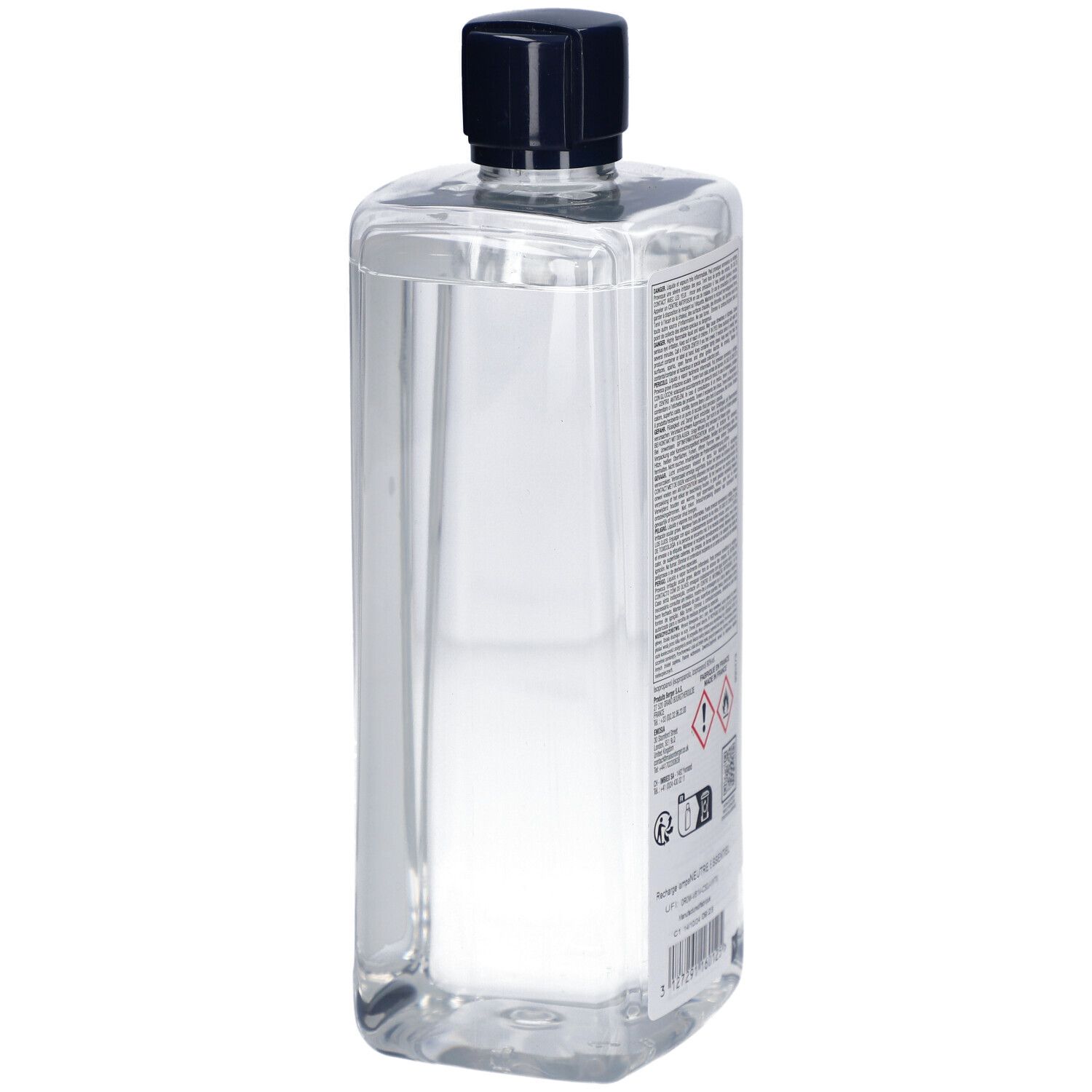 Transparente Flasche mit schwarzem Verschluss. Rückseite mit Text und Warnsymbolen. Produktinformationen auf Etikett.