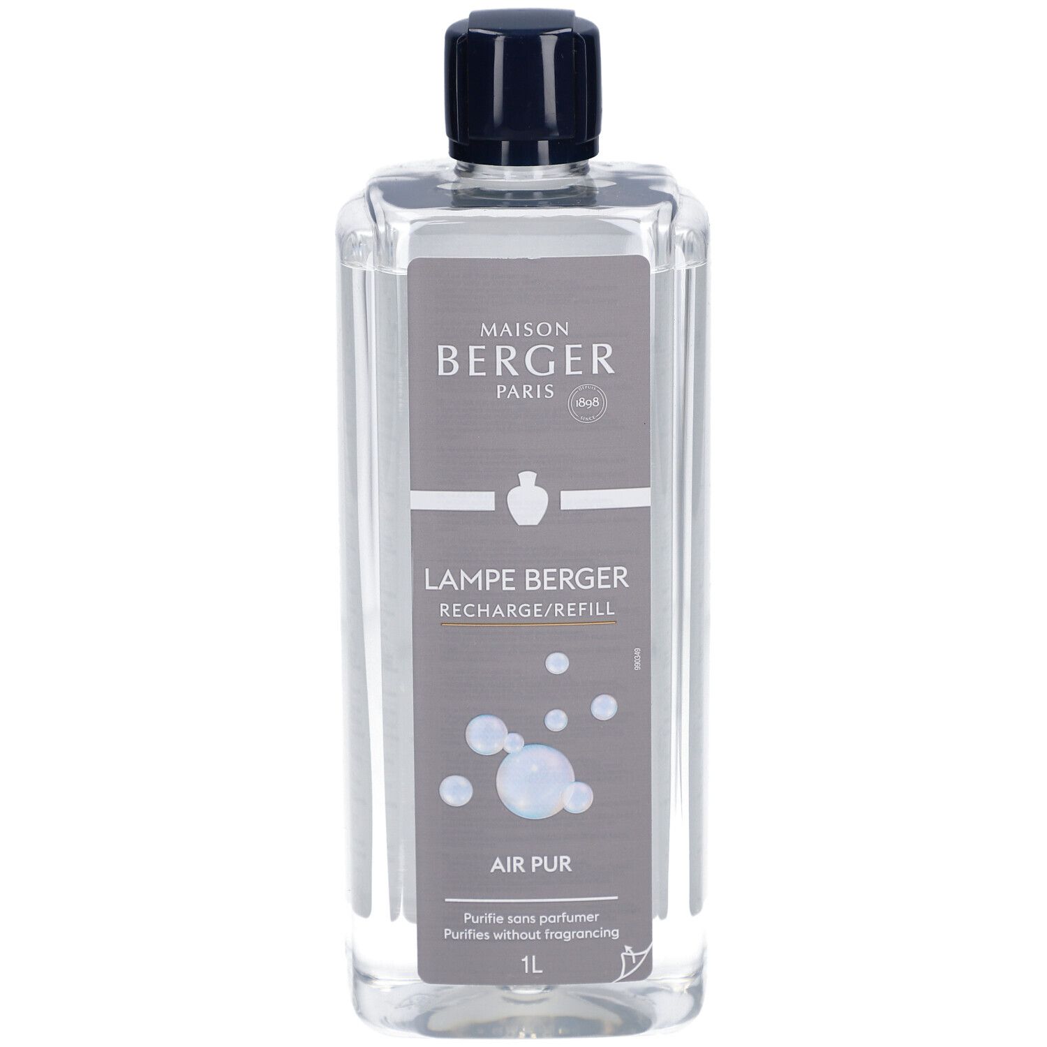 Rechteckige, transparente Flasche mit schwarzem Verschluss. Graues Etikett mit Text: Maison Berger Paris, Lampe Berger, Air Pur, 1L.