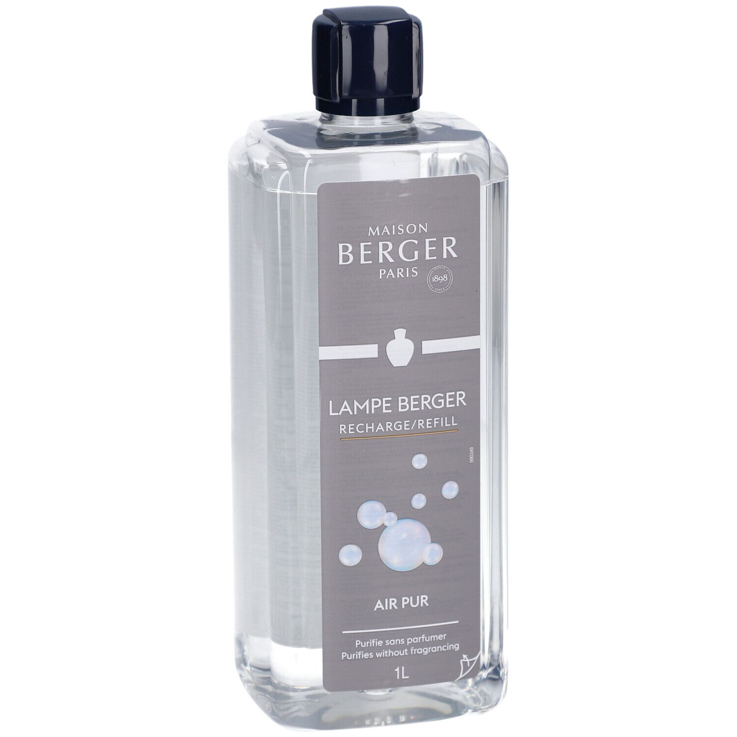Transparente Flasche mit schwarzem Verschluss. Graues Etikett mit Text: Maison Berger Paris, Lampe Berger, Air Pur, 1L.