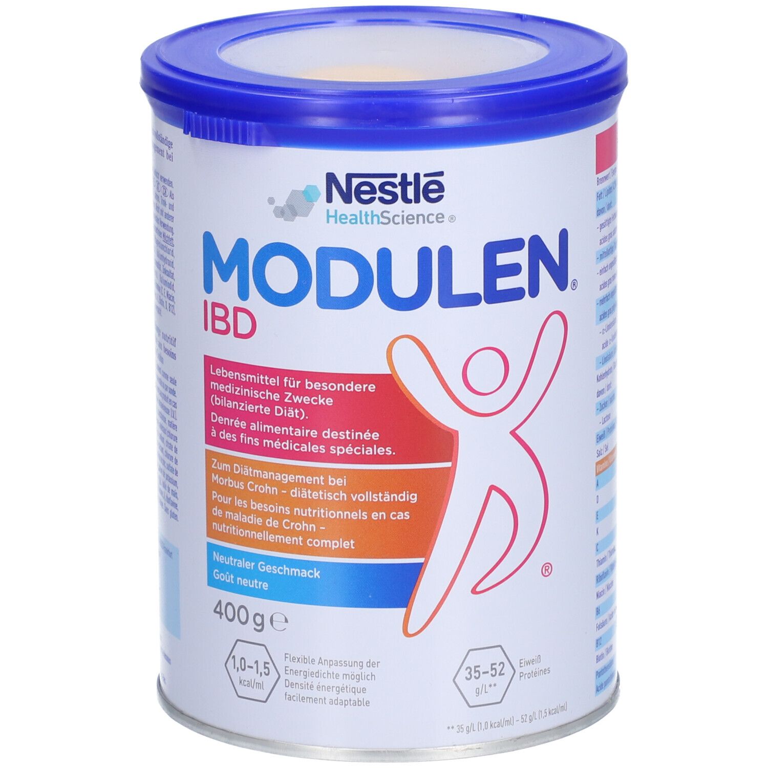 Dose Modulen IBD, blau-weiß. Aufschrift: Nestle HealthScience, Modulen IBD, 400g. Abbildung einer Person. Neutraler Geschmack.
