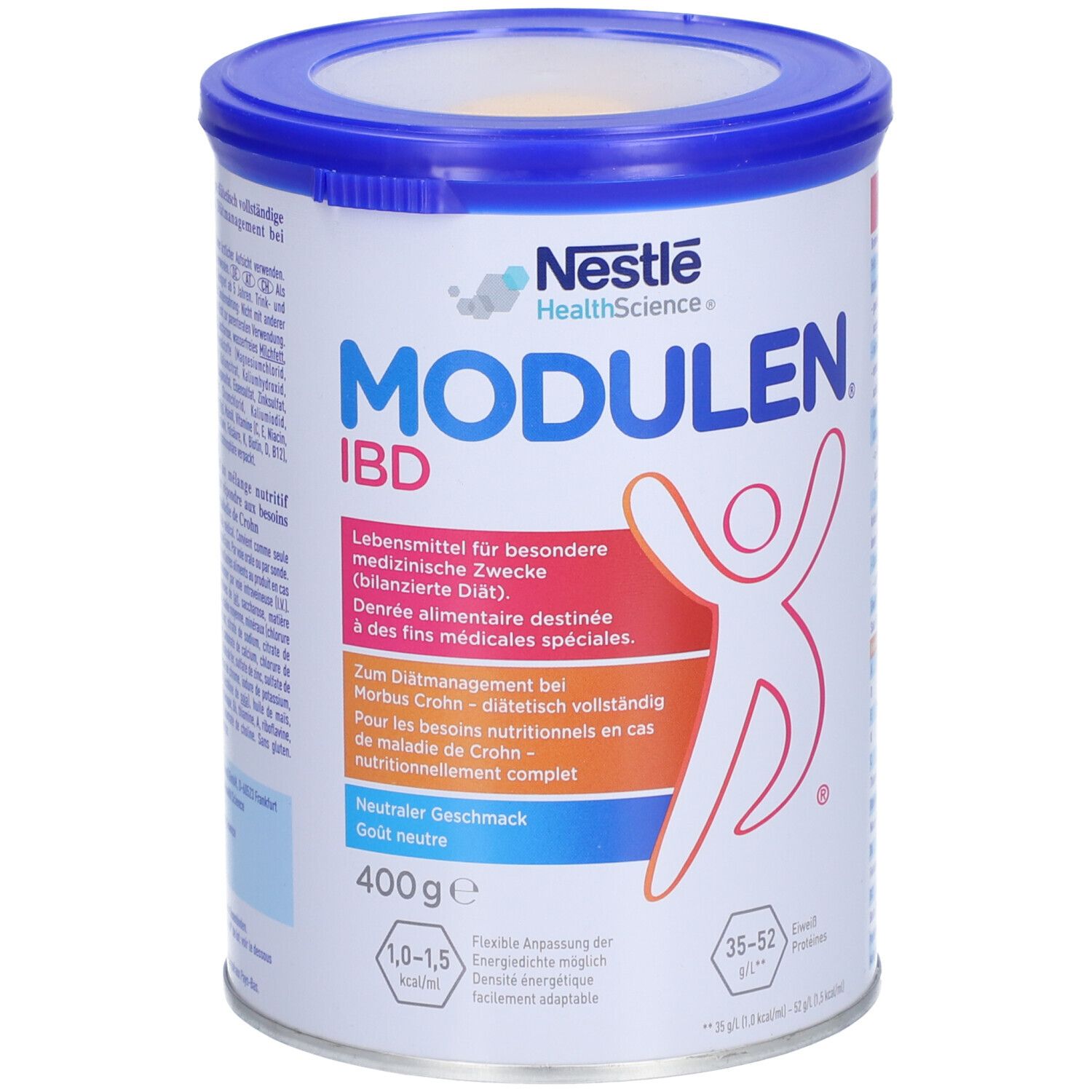 Dose Modulen IBD, blau-weiß. Aufschrift: Nestle HealthScience, Modulen IBD, 400g. Abbildung einer Person. Neutraler Geschmack.