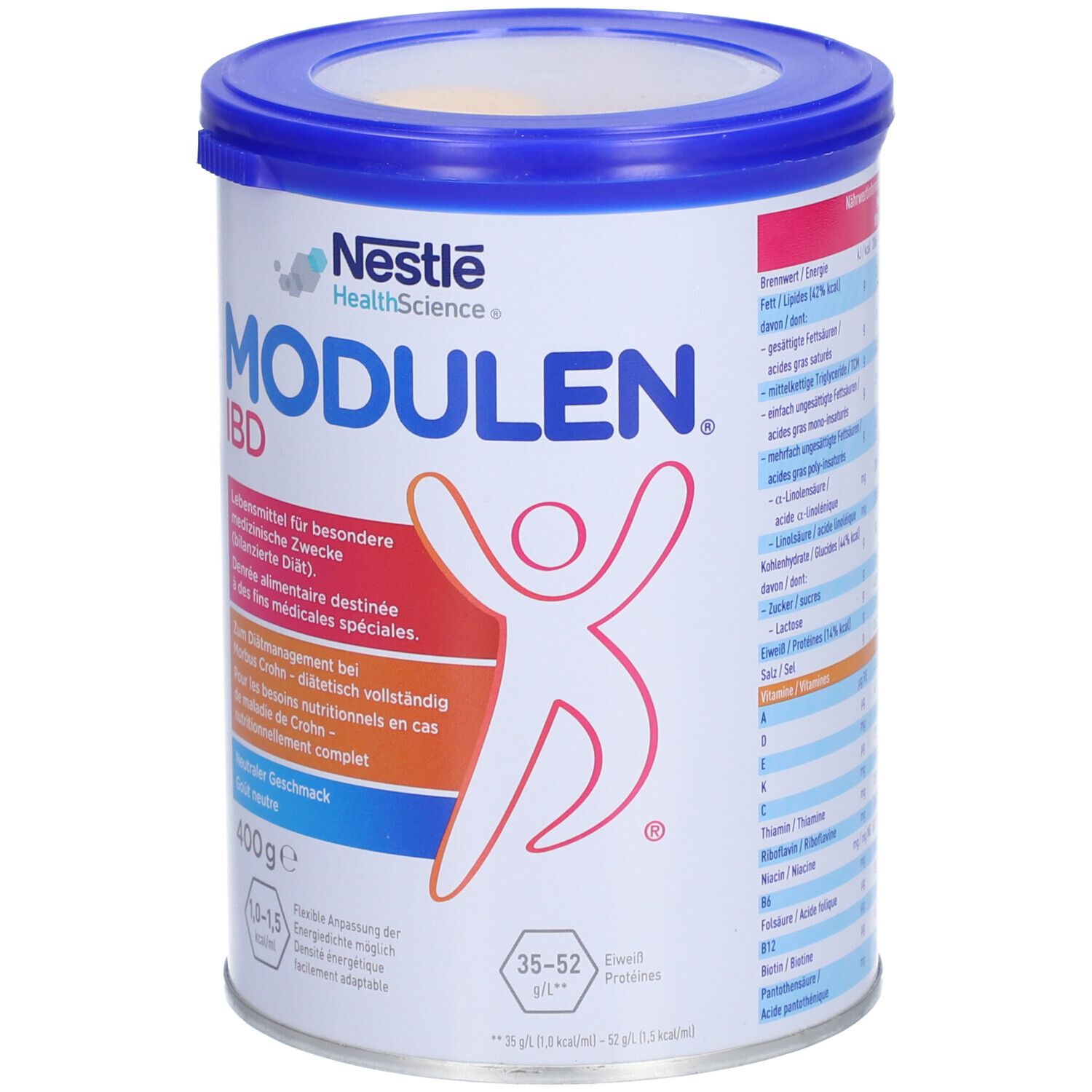 Dose Modulen IBD, blau-weiß. Aufschrift: Nestle HealthScience, Modulen IBD, 400g. Abbildung einer Person. Neutraler Geschmack.