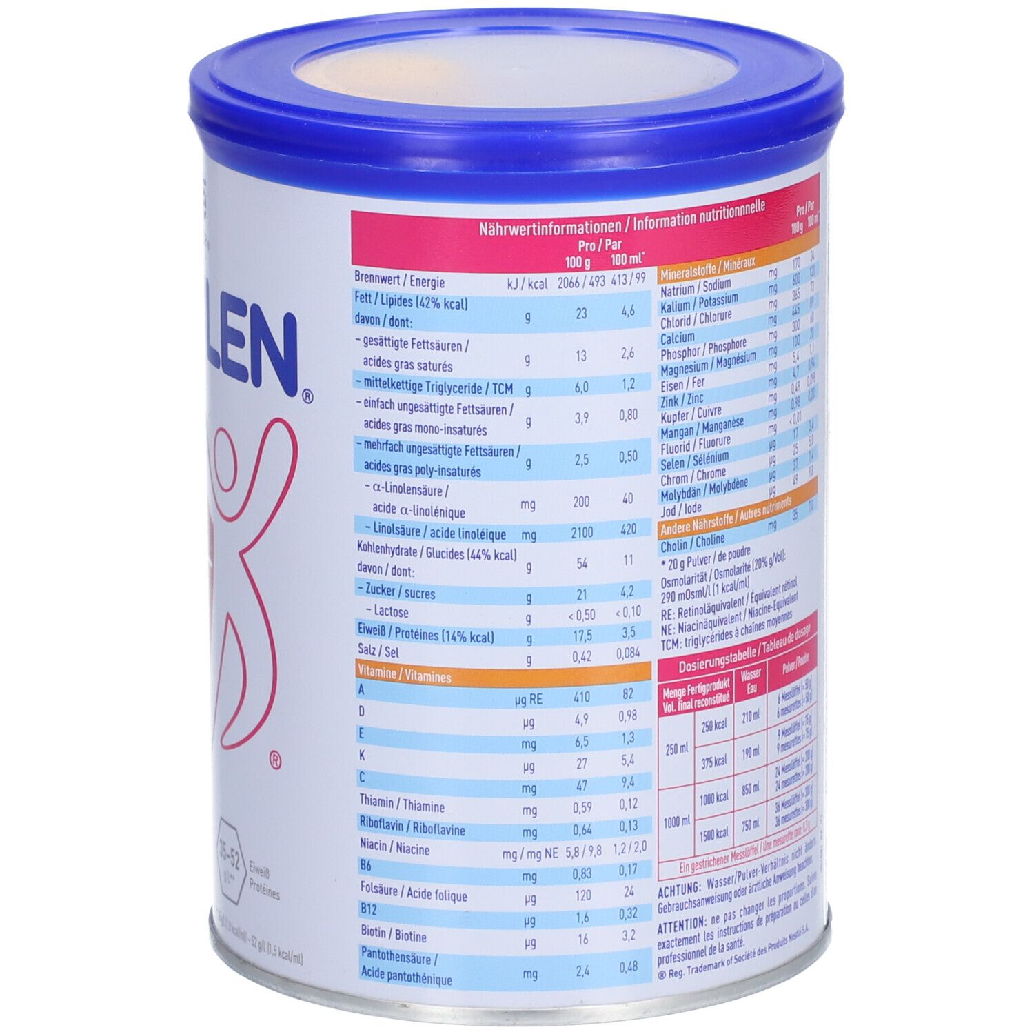 Dose Modulen IBD, Detail. Nährwerttabelle. Angaben zu Vitaminen und Mineralstoffen. Text in mehreren Sprachen.
