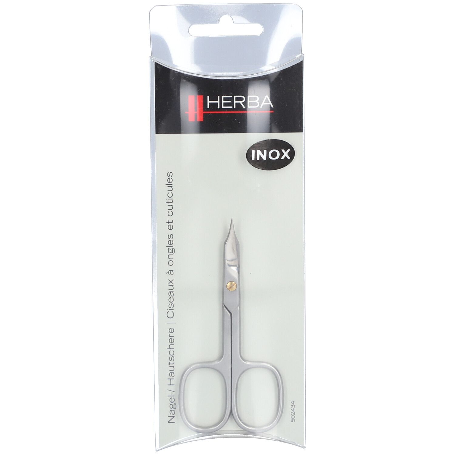 Nagel- und Nagelhautschere HERBA, Edelstahl. In Blisterverpackung. Sichtbar: INOX-Logo.