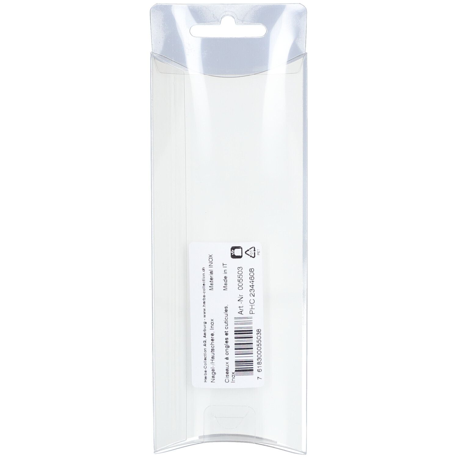 Rückseite der Blisterverpackung. Enthält Informationen und Barcode. Hergestellt in Italien.