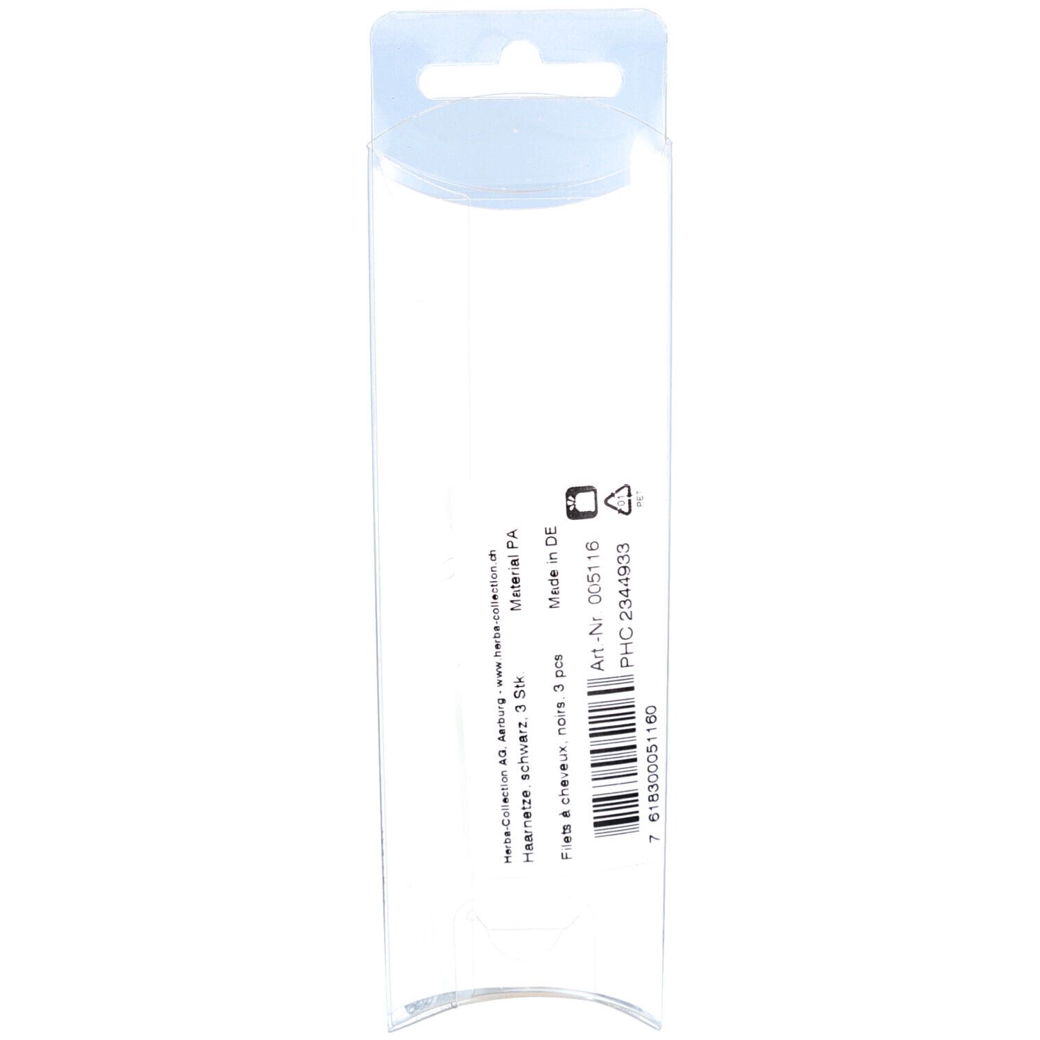 Emballage transparent avec informations produit. Code-barres, réf. et texte: Filets à cheveux noirs 3 pcs.