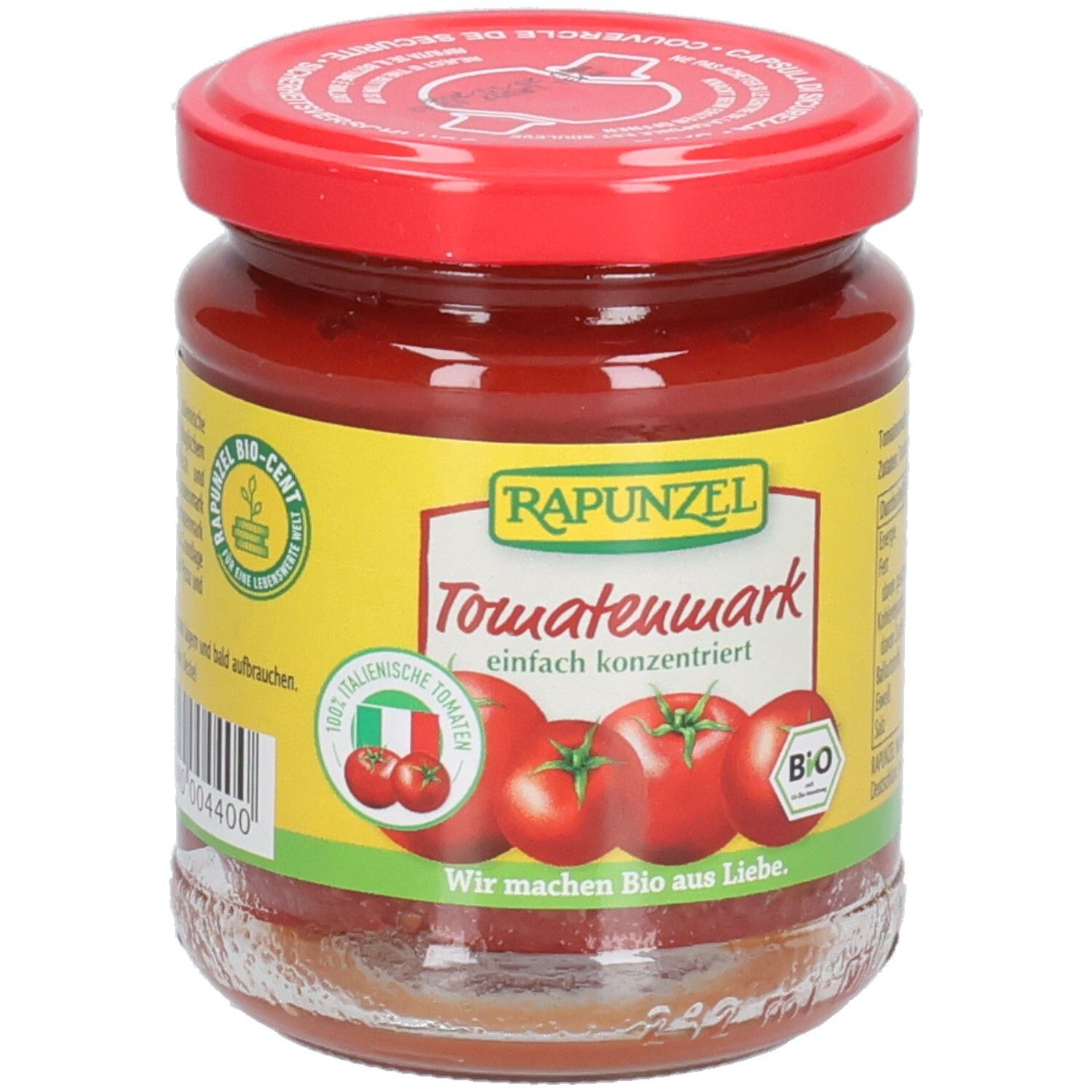 Glas mit Tomatenmark, roter Deckel. Etikett mit Produktname, Tomatenabbildung, Bio-Siegel und italienischer Flagge.