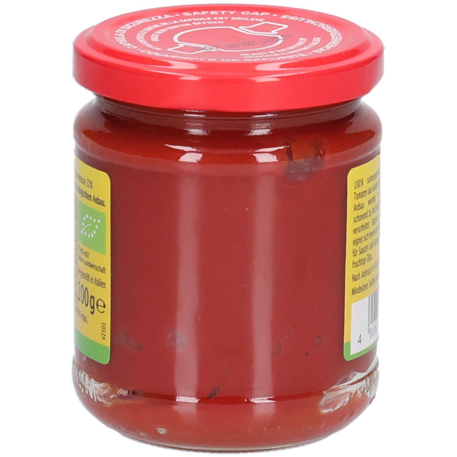 Glas mit Tomatenmark, Rückseite. Roter Deckel. Etikett mit Text, Bio-Siegel und italienischer Flagge.