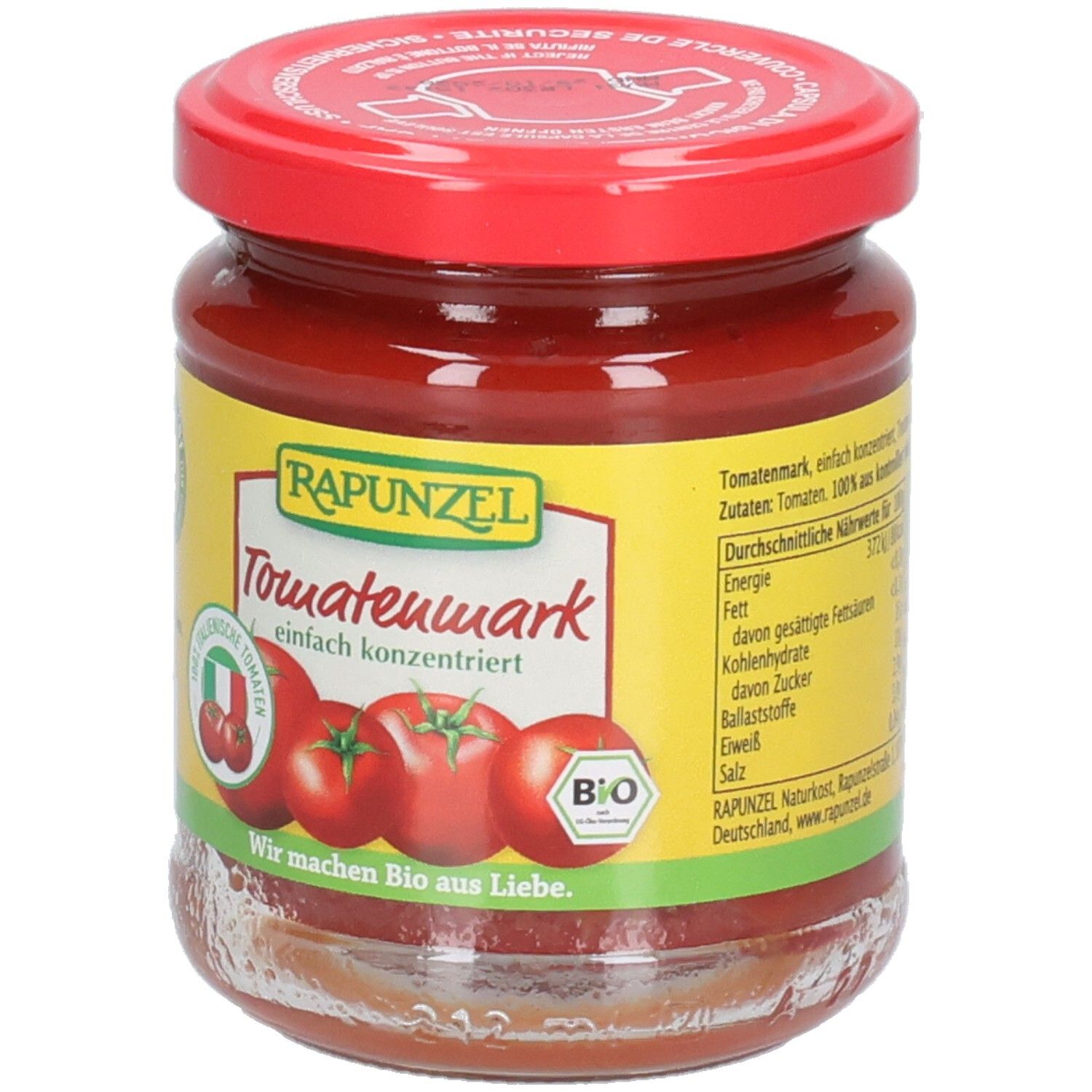 Glas mit Tomatenmark, roter Deckel. Etikett mit Produktname, Tomatenabbildung, Bio-Siegel und Nährwertangaben.