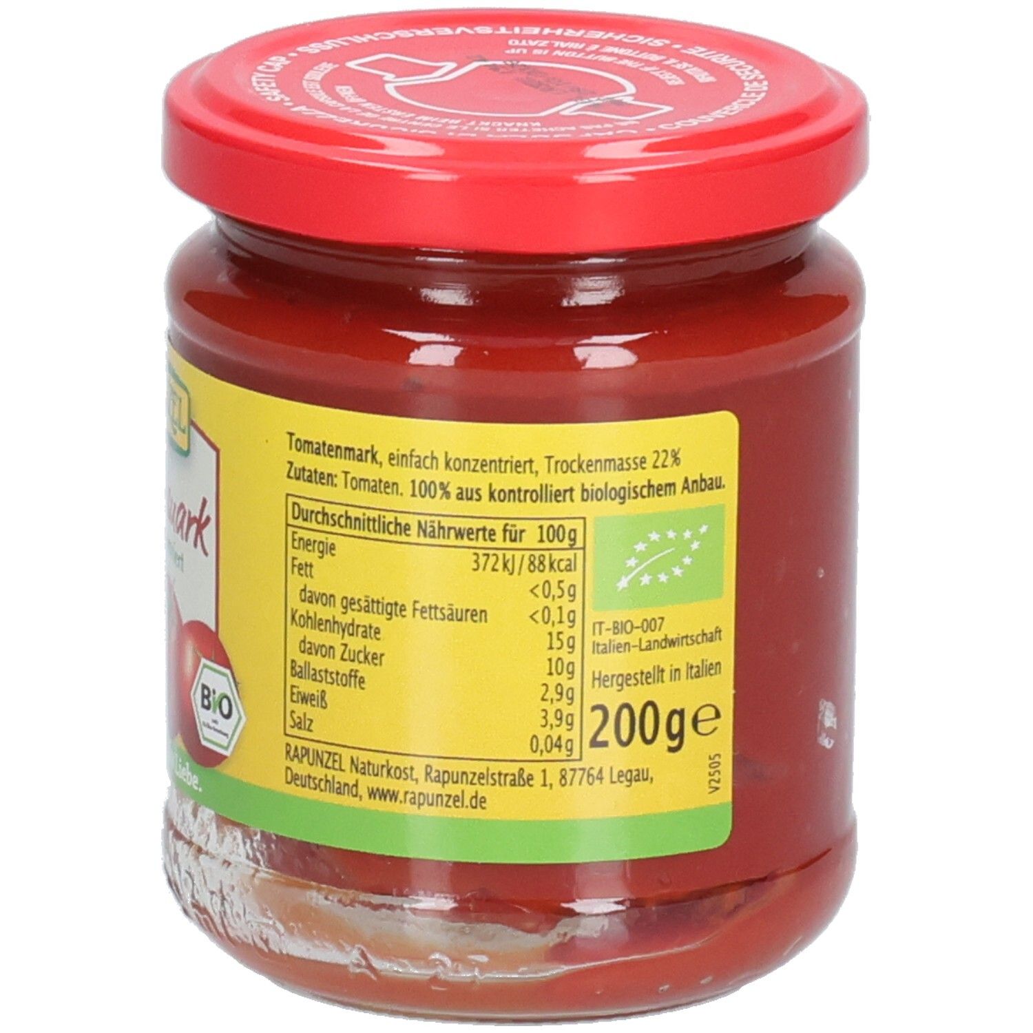 Glas mit Tomatenmark, Rückseite. Etikett mit Nährwertangaben, Bio-Siegel, italienischer Flagge und Gewichtsangabe 200g.