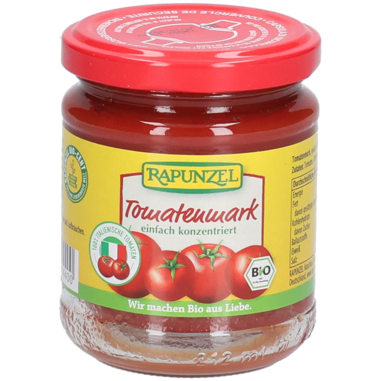 Glas mit Tomatenmark, roter Deckel. Etikett mit Produktname, Tomatenabbildung, Bio-Siegel und italienischer Flagge.