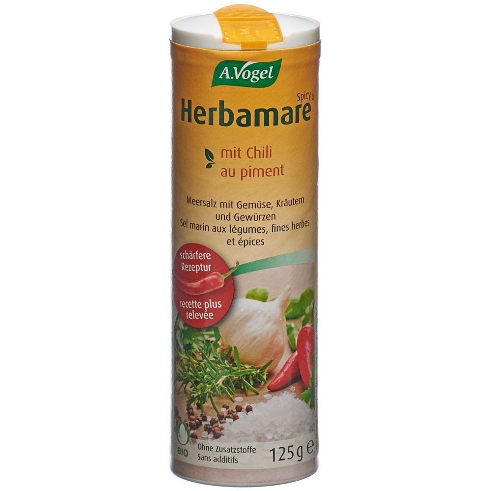 Zylindrische Dose mit Kräutersalz. Aufschrift: A. Vogel Herbamare mit Chili. Abbildung von Gemüse und Kräutern.