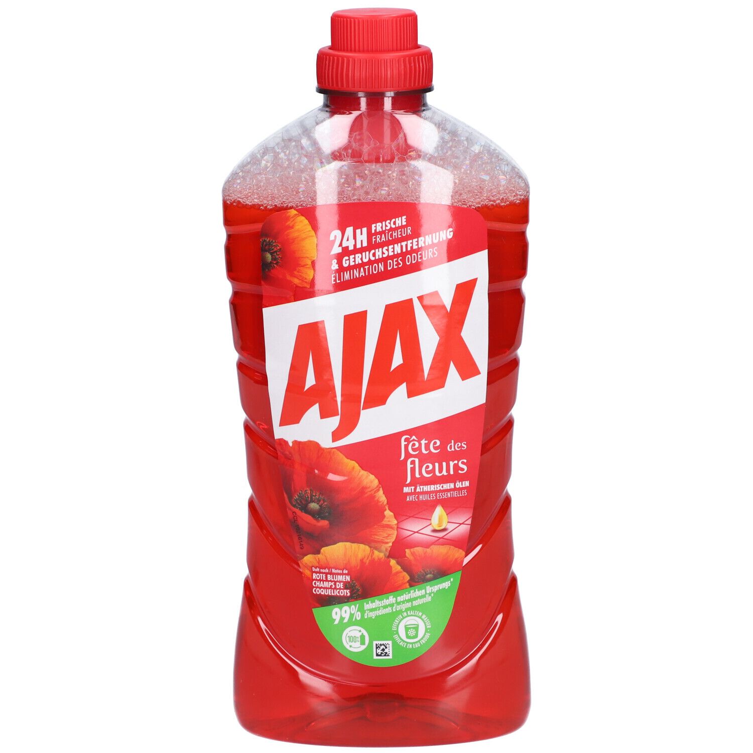 Bouteille rouge contenant un liquide rouge. Logo AJAX et texte "fête des fleurs". Images de coquelicots.