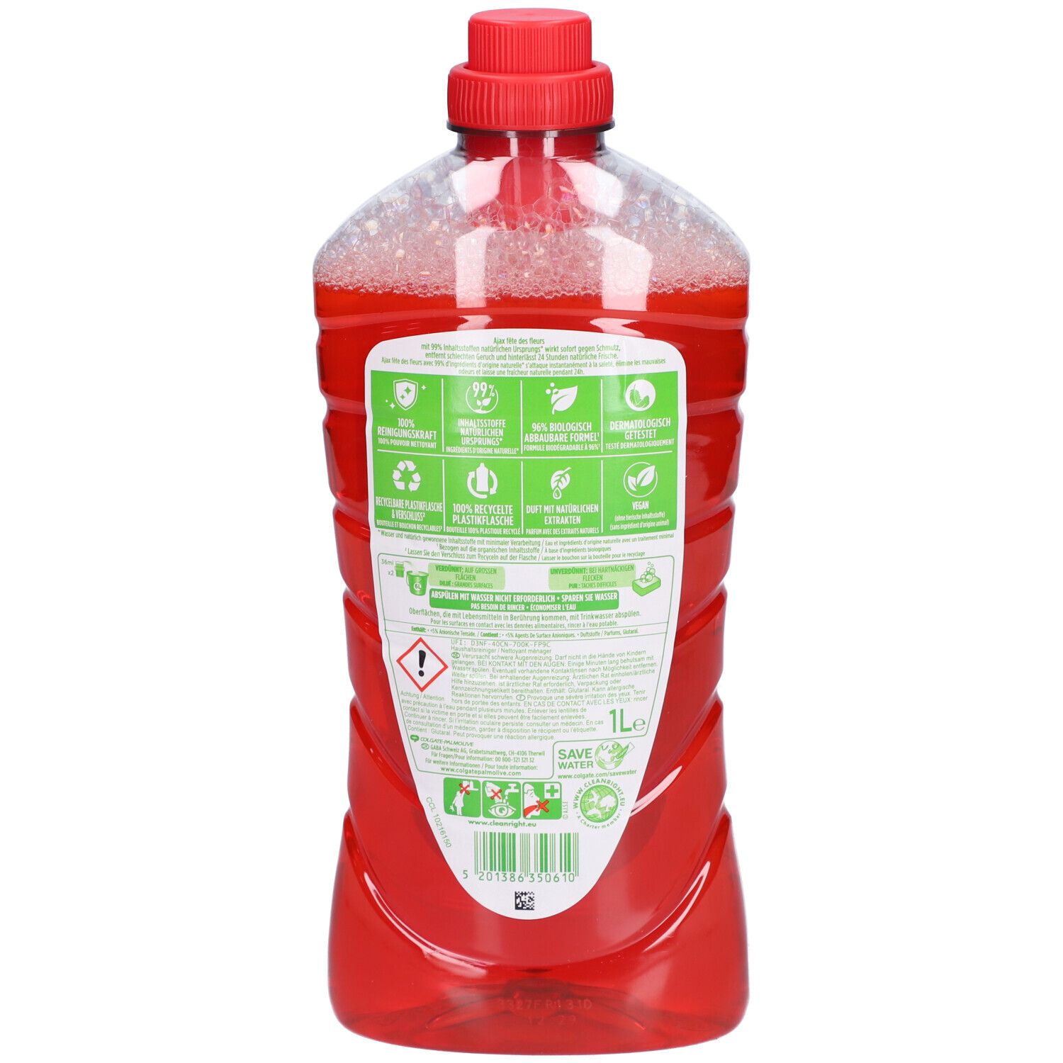 Bouteille rouge. Dos avec logos et texte verts. Code-barres et indication 1L.